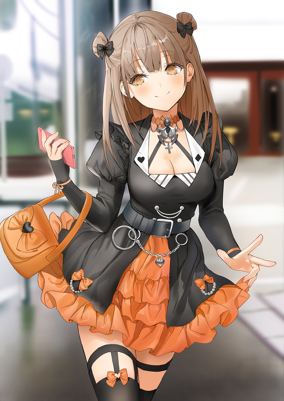 Anime Anime Girls Lloule Pixiv Brunette Hazel Eyes Dress Black Dress Orange Dress Handbags Smiling L 906x1280