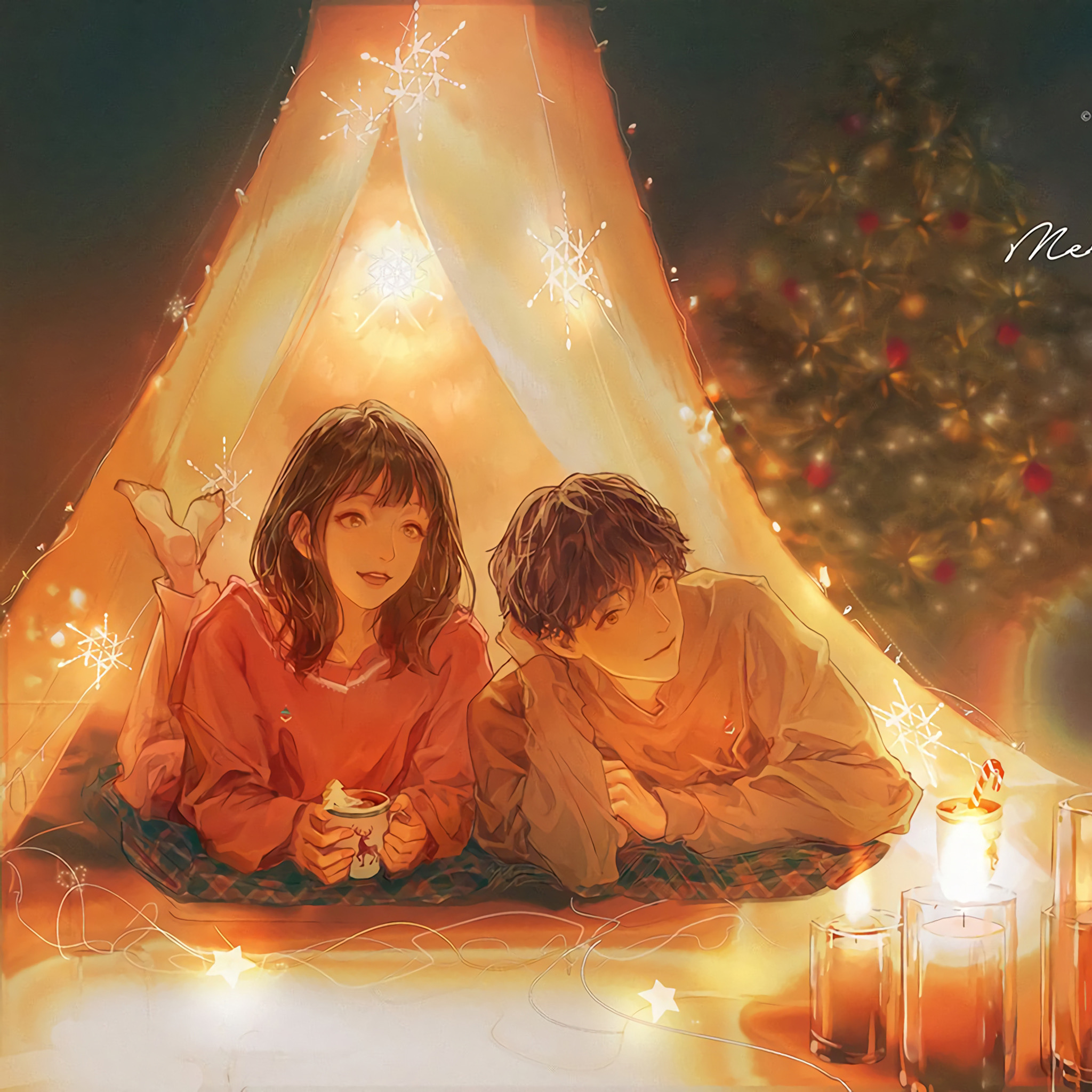 Anime Anime Girls Anime Boys Barefoot Cup Red Sweater Christmas Holiday Christmas Tree 2048x2048