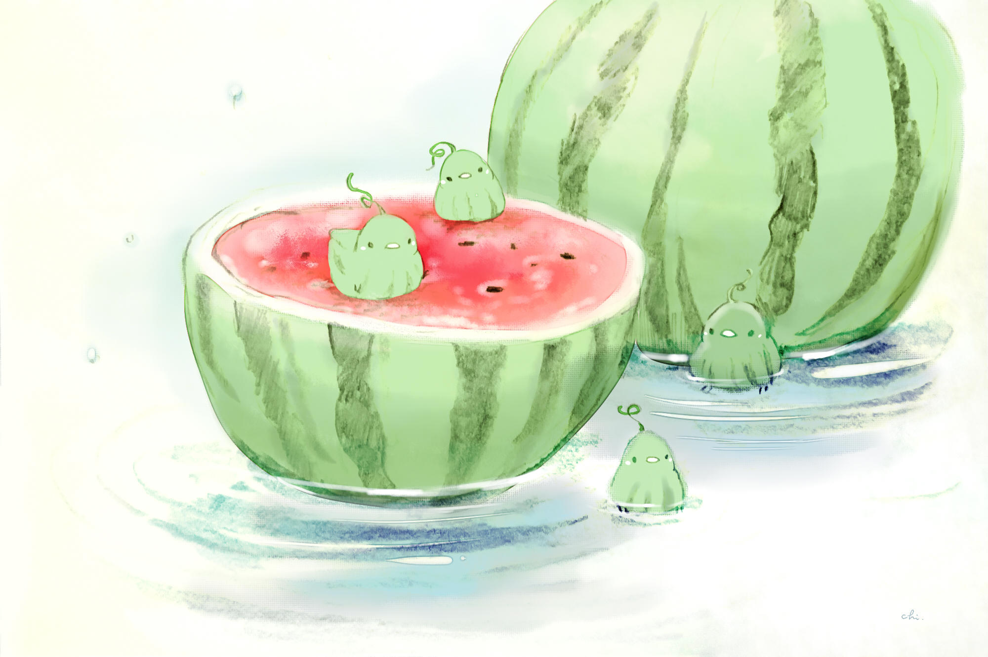 Anime Food Watermelons Birds Water 2000x1331