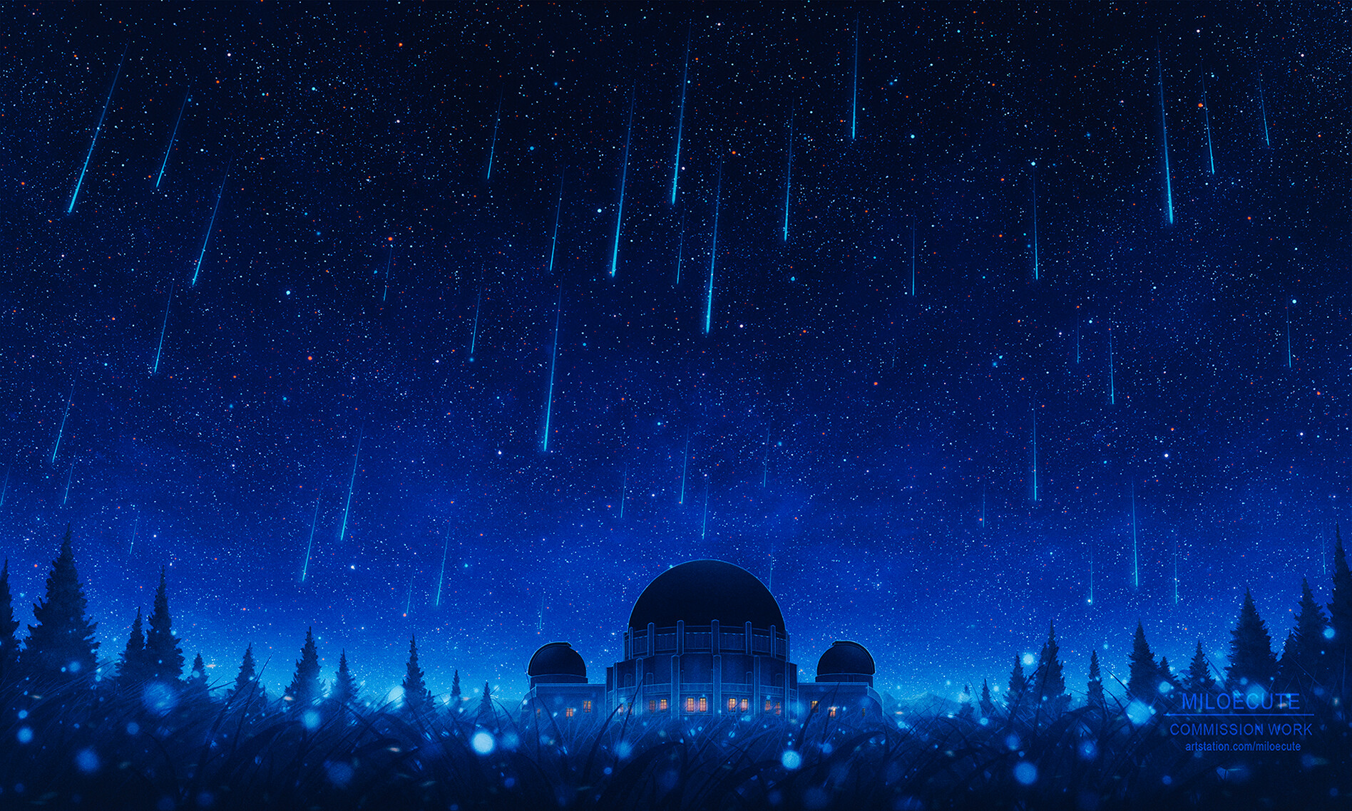 Elizabeth Miloecute Digital Art Starry Night Comet Shooting Stars Trees Planetarium 1896x1138