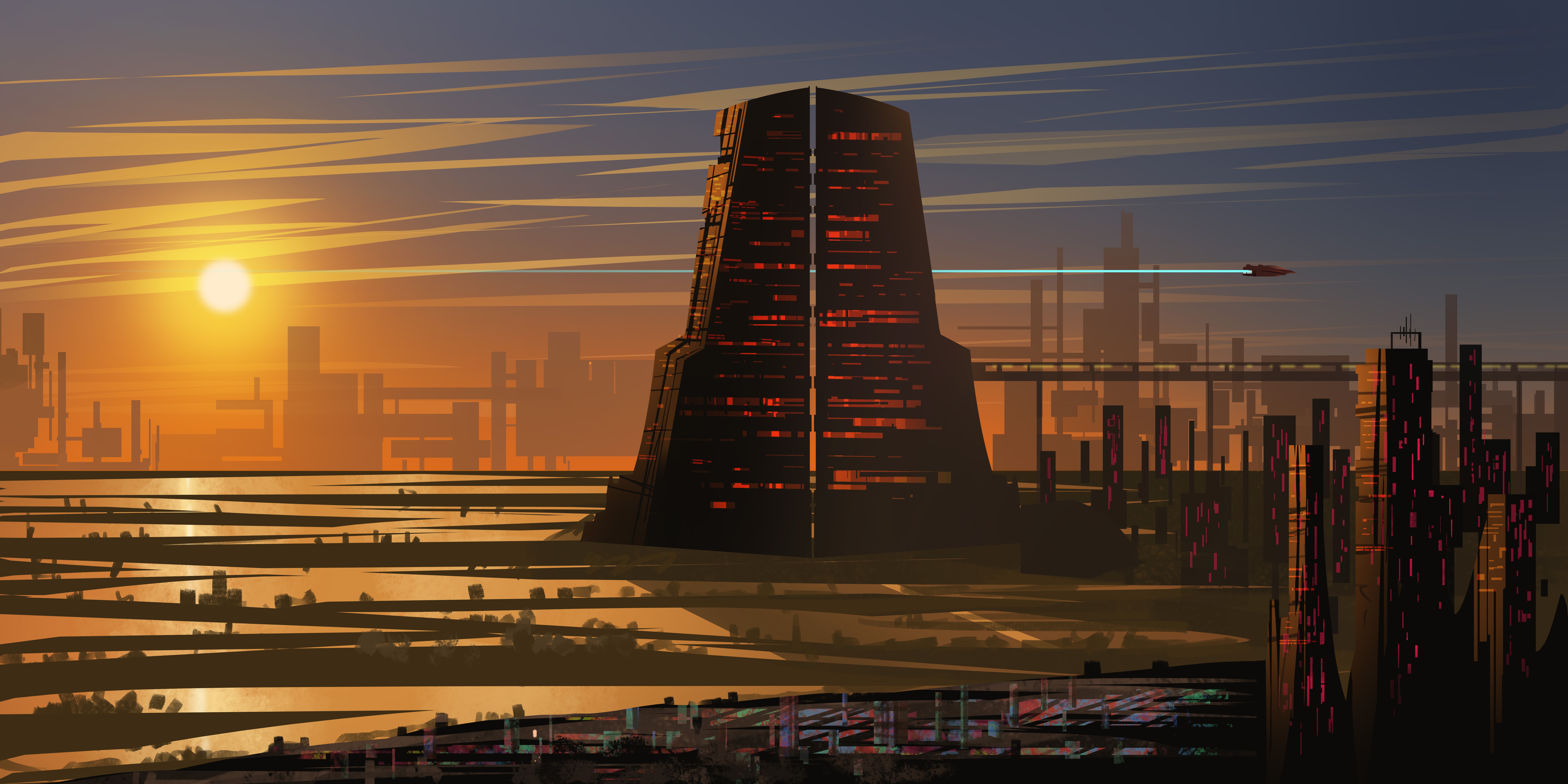 Artwork Digital Art Landscape Sunset Sky Science Fiction Futuristic Skyscraper City Tower Spaceship  9000x4500