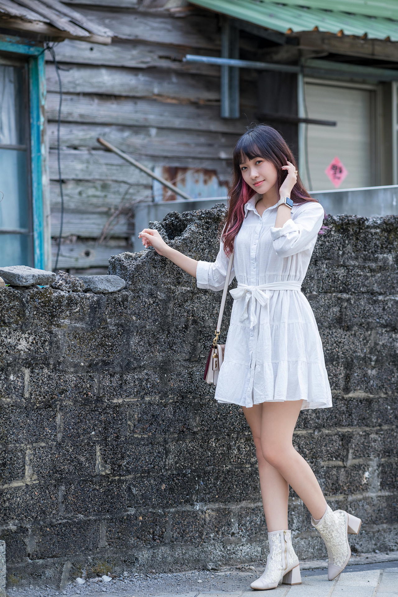 Asian Model Women Women Outdoors Long Hair Dark Hair White Dress Wristwatch Wall Leaning Dyed Hair D 1280x1920