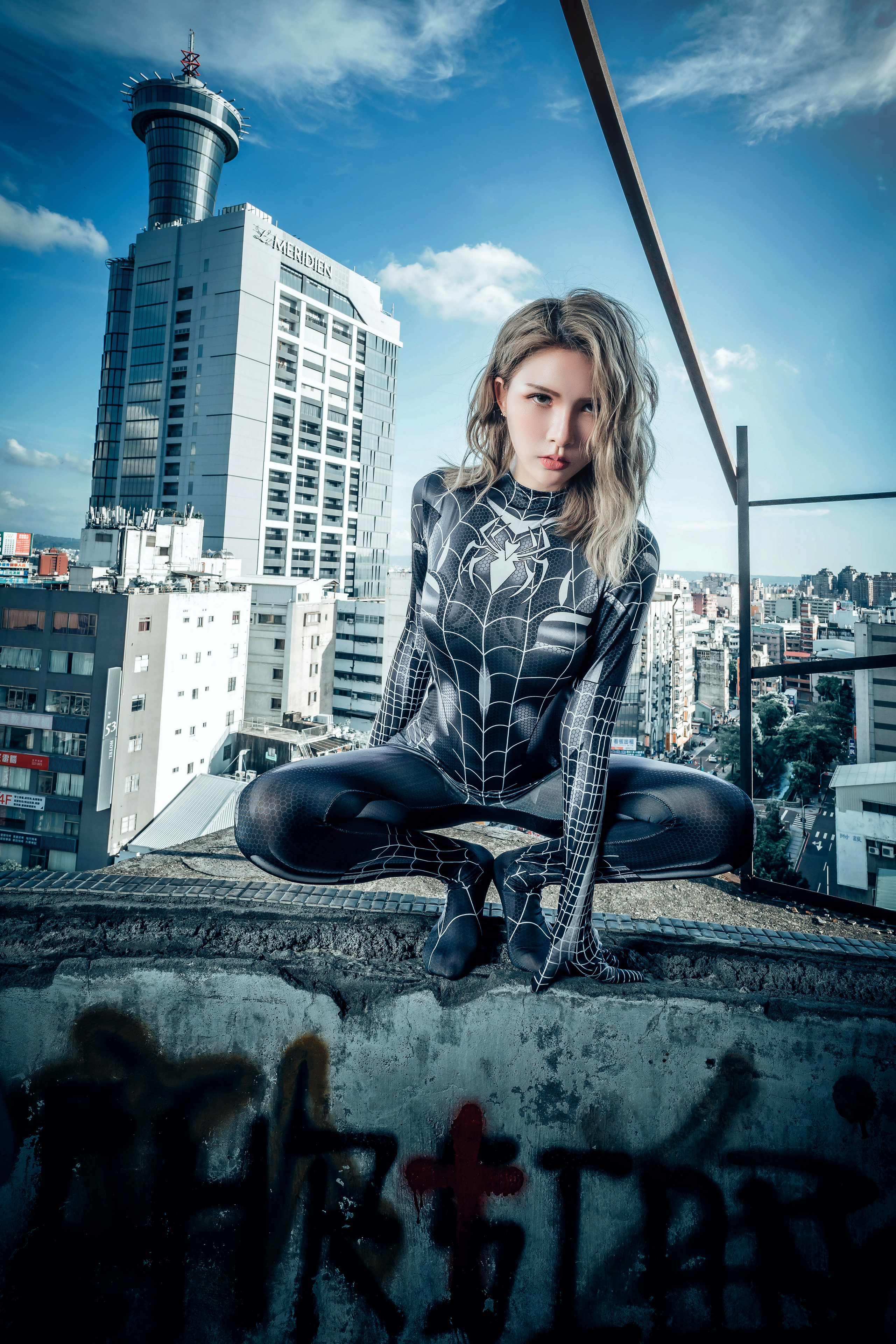 Asian Women Model Cosplay Skyline Depth Of Field Rooftops Blonde Long Hair Looking At Viewer Spider  2561x3840
