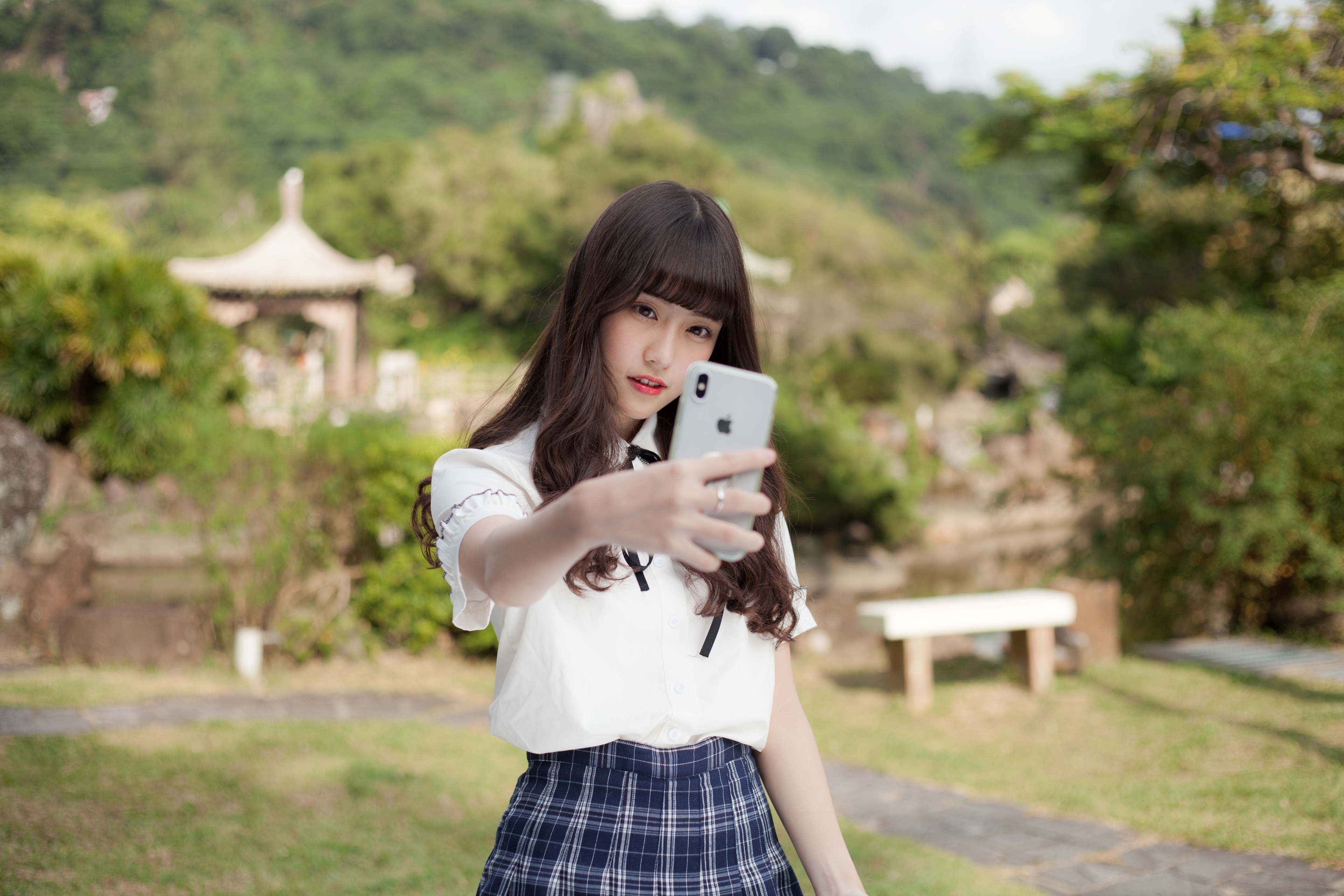 Angela Wei Ting Women Model Brunette Bangs Shirt Parted Lips Cellphone IPhone Selfies Depth Of Field 3840x2560