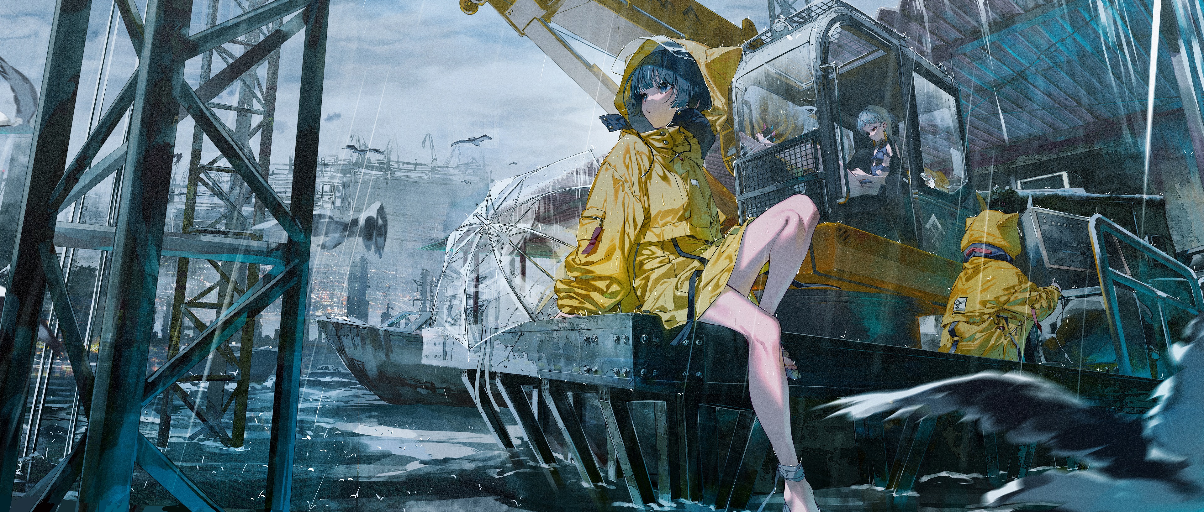 Anime Anime Girls Rolua Noa Artwork Rain Raincoat Umbrella 3840x1634