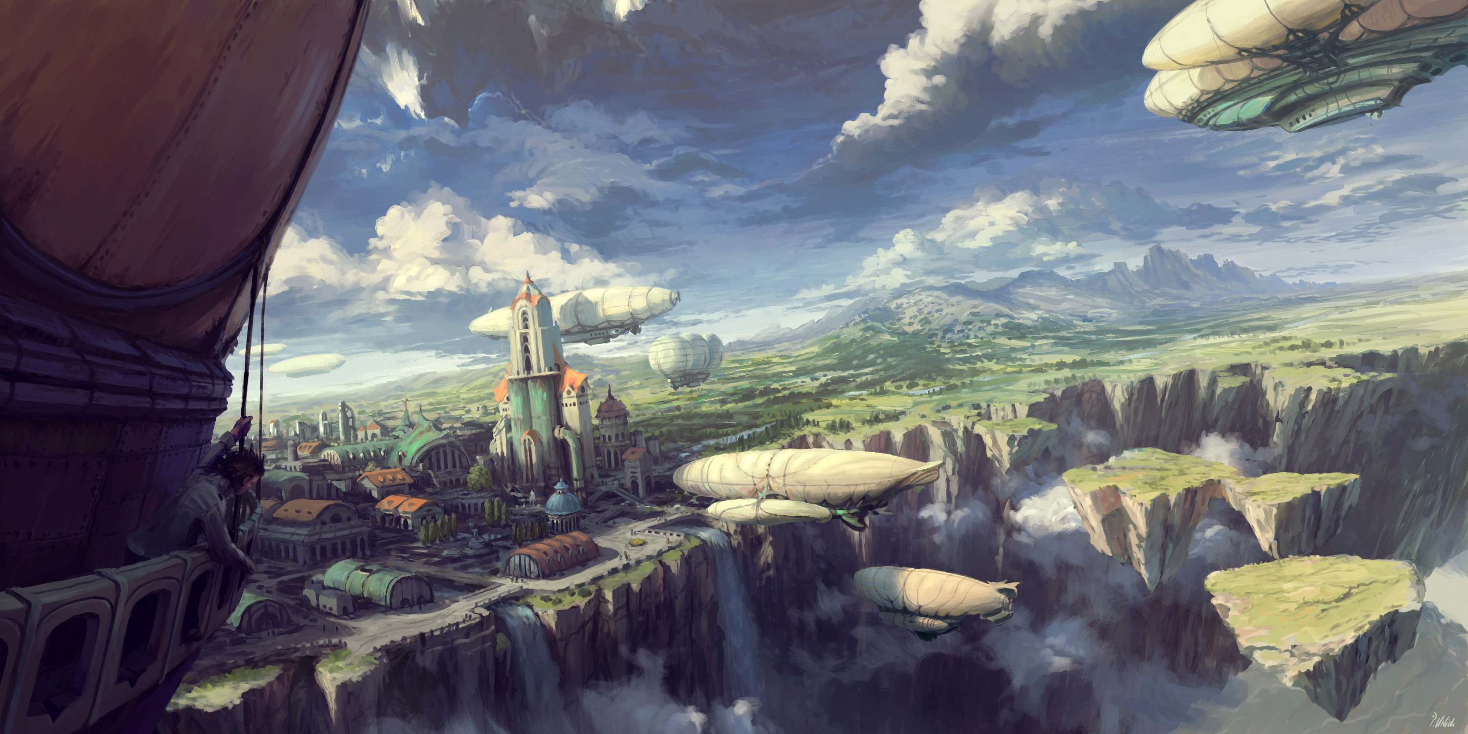Philipp A Ulrich Digital Art Landscape Airships Clouds Fantasy City 3000x1500