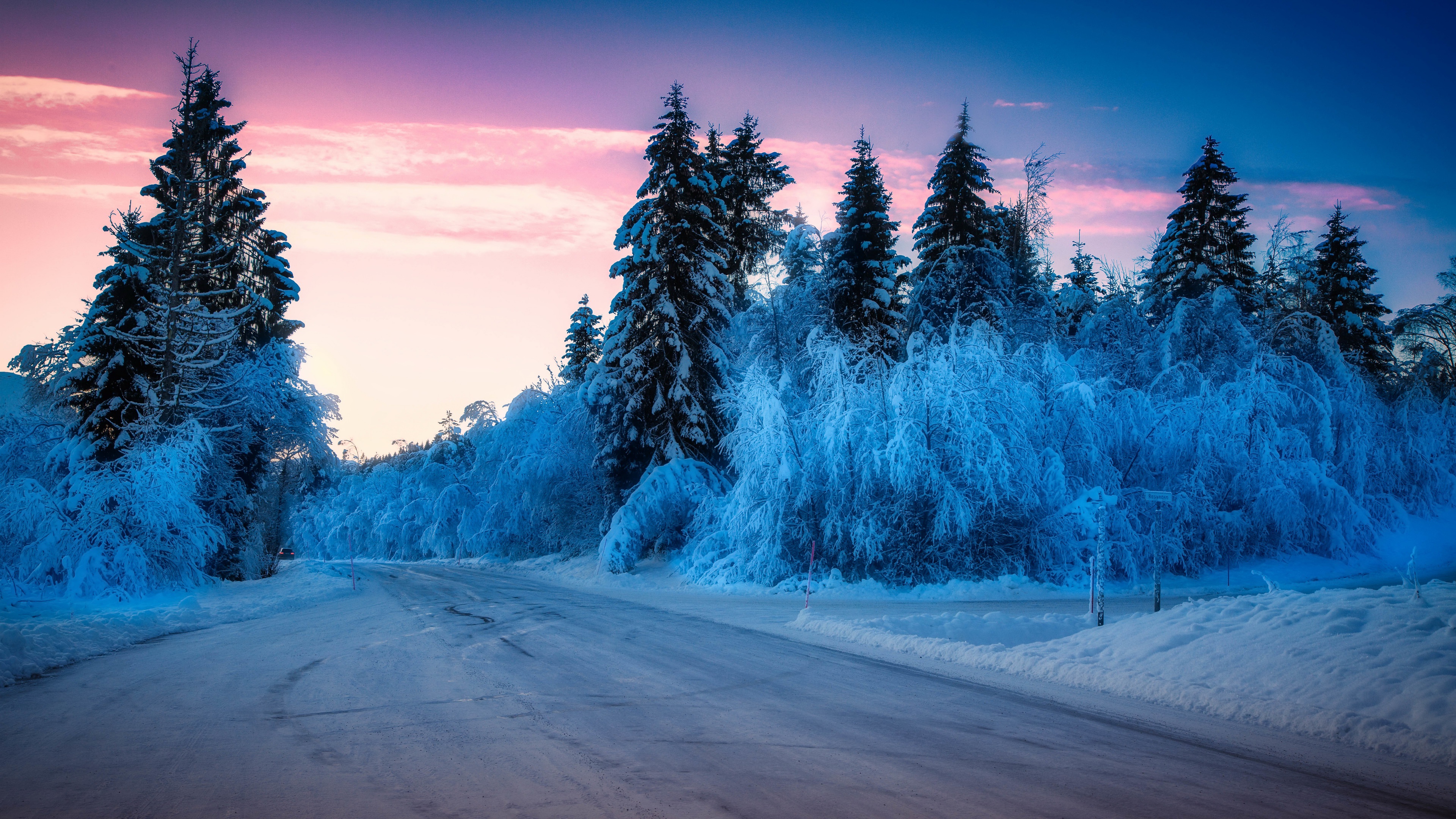 Winter Outdoors Ice Cold Snow Road Purple Sky Sunlight 3840x2160
