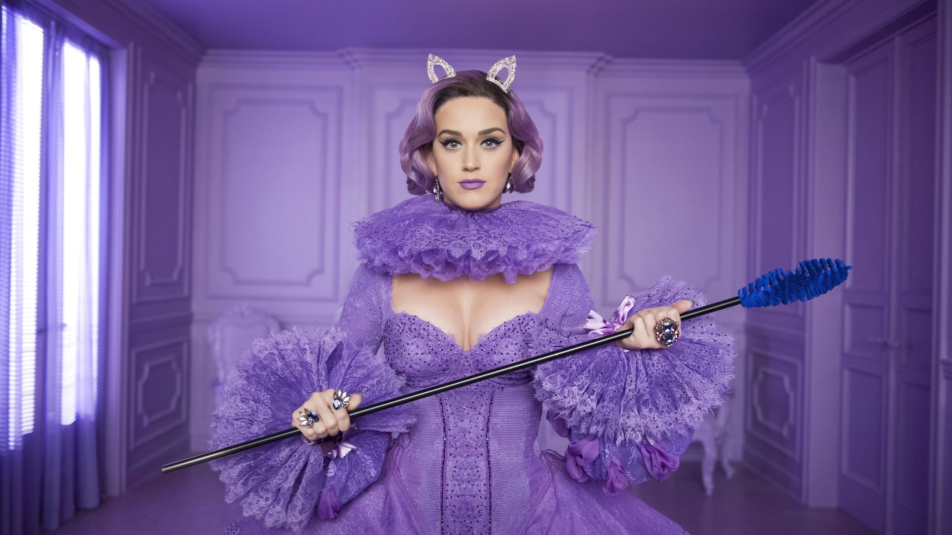 Katy Perry American Women Singer Celebrity Women Indoors Dress Purple Dress Purple Hair Purple Lipst 1920x1080