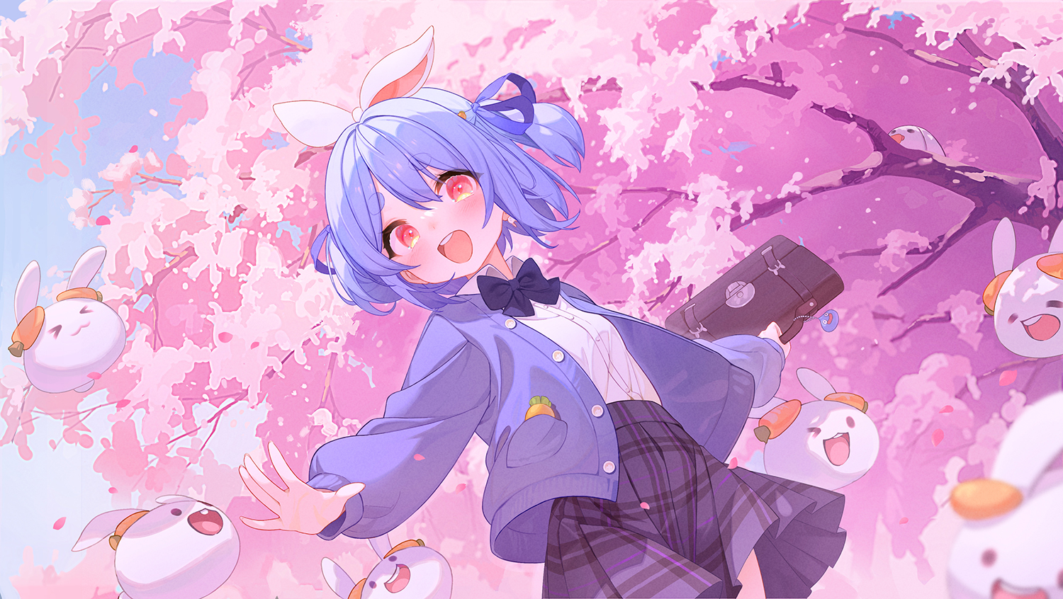 Digital Anime Bunny Ears Blue Hair Sakura Tree Virtual Youtuber Hololive Usada Pekora 1500x846