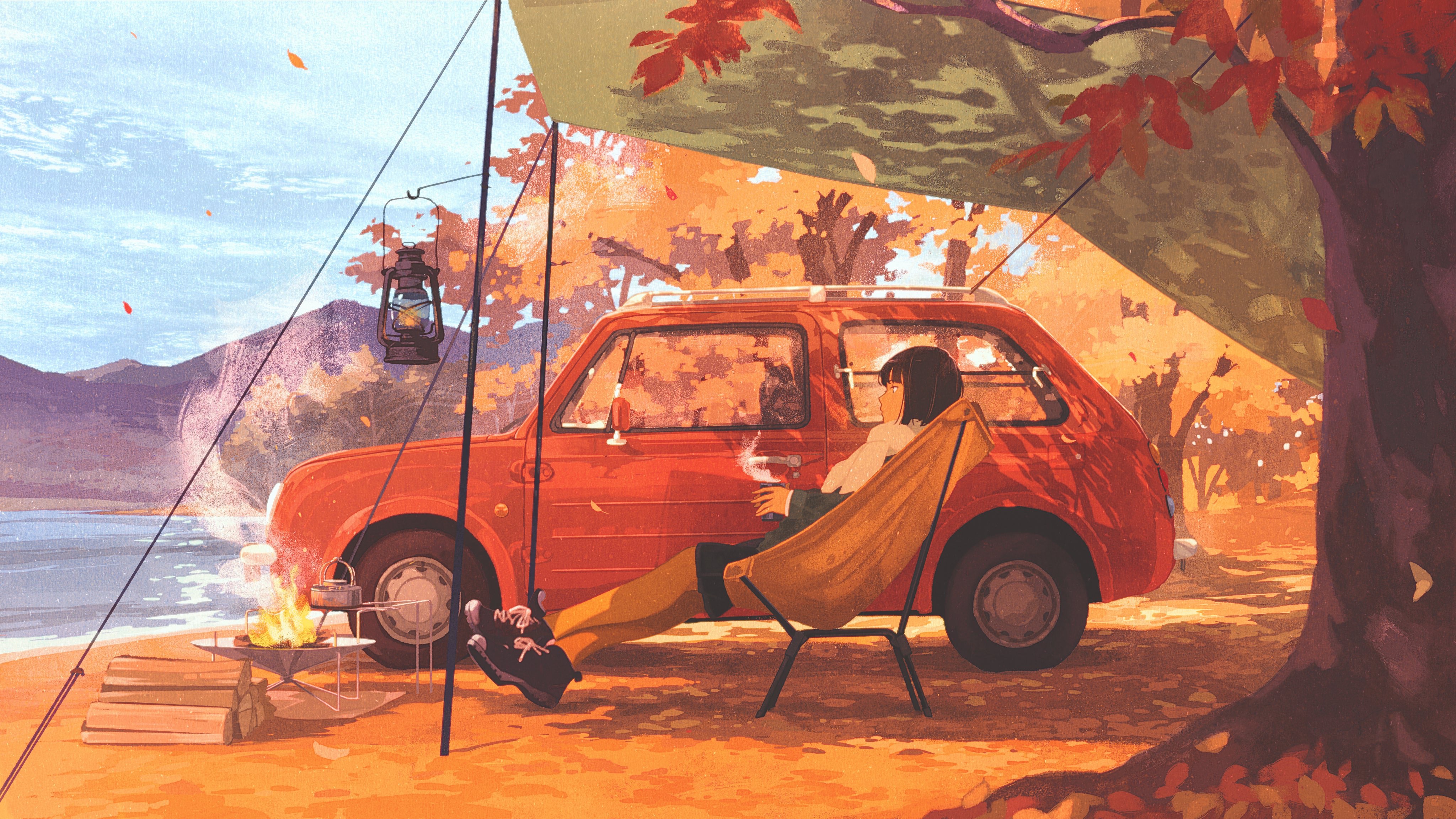 Anime Girls Original Characters Red Cars Picnic Gemi Chill Out 4096x2304