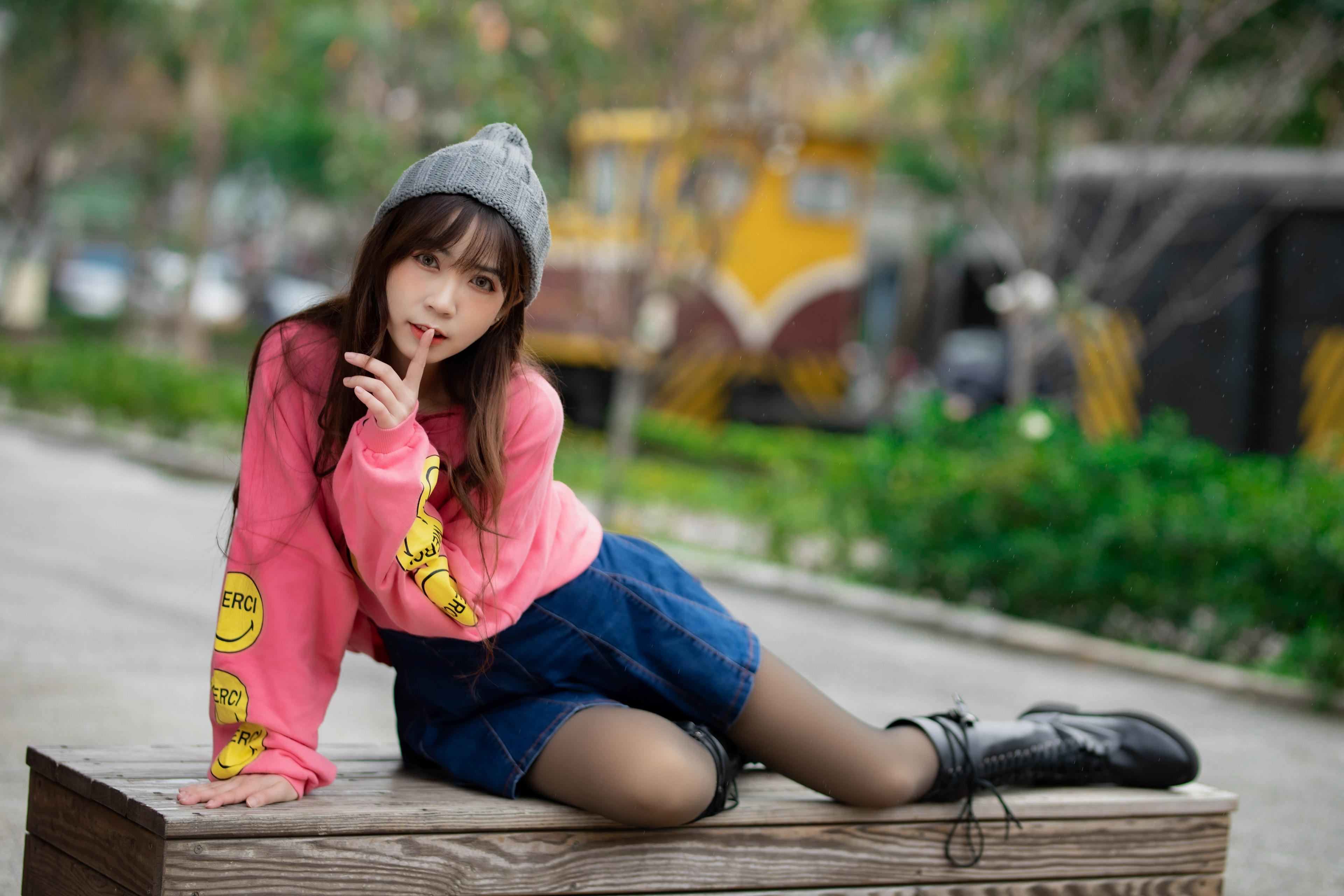 Asian Model Women Long Hair Dark Hair Wool Cap Pink Pullover Jeans Skirt Boots Lying On Side Finger  3840x2560