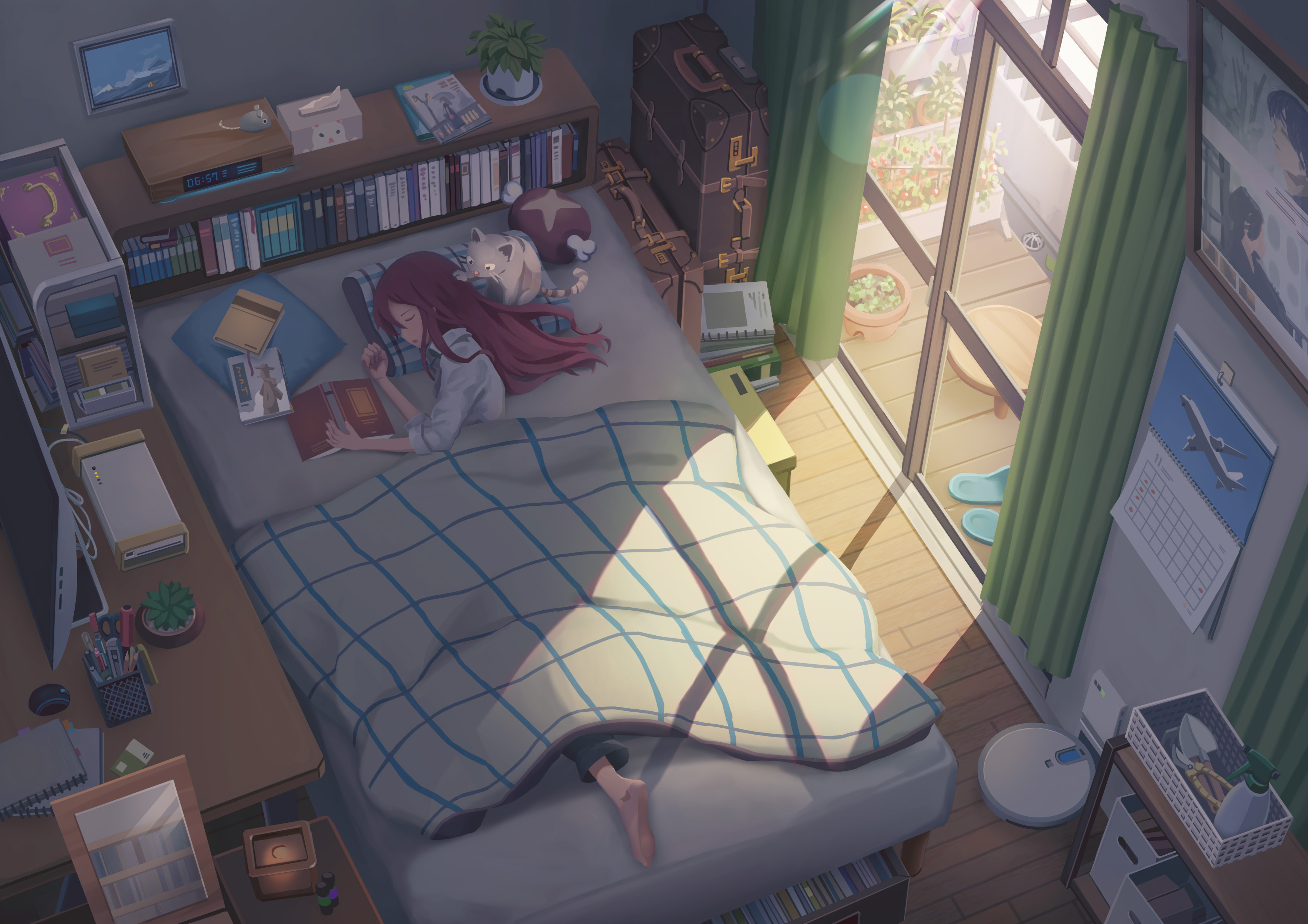 Anime Girls Women Cats Room Interior In Bed Digital Art Mirror Calendar Suitcase Book In Hand Plush  3508x2480