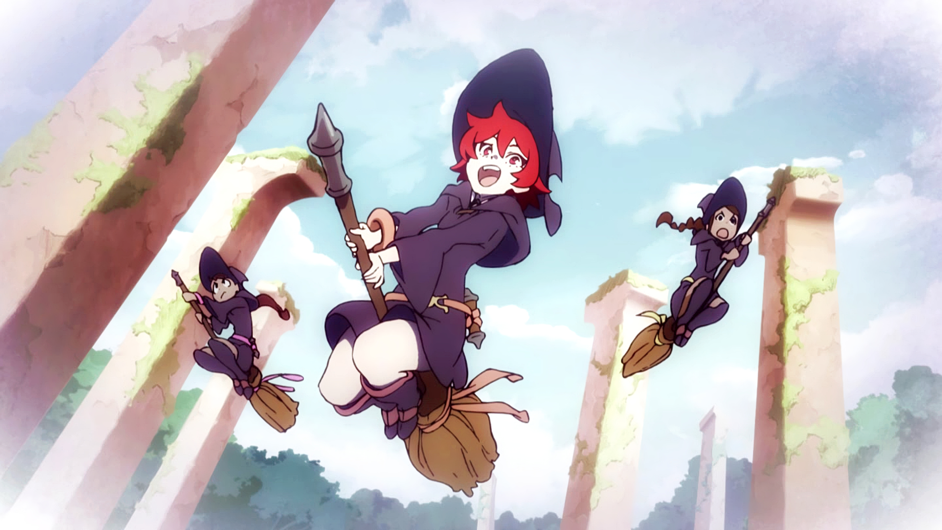 Little Witch Academia Chariot Du Nord Witch Witch Hat Witches Broom Flying Smile Redhead Red Eyes 3840x2160