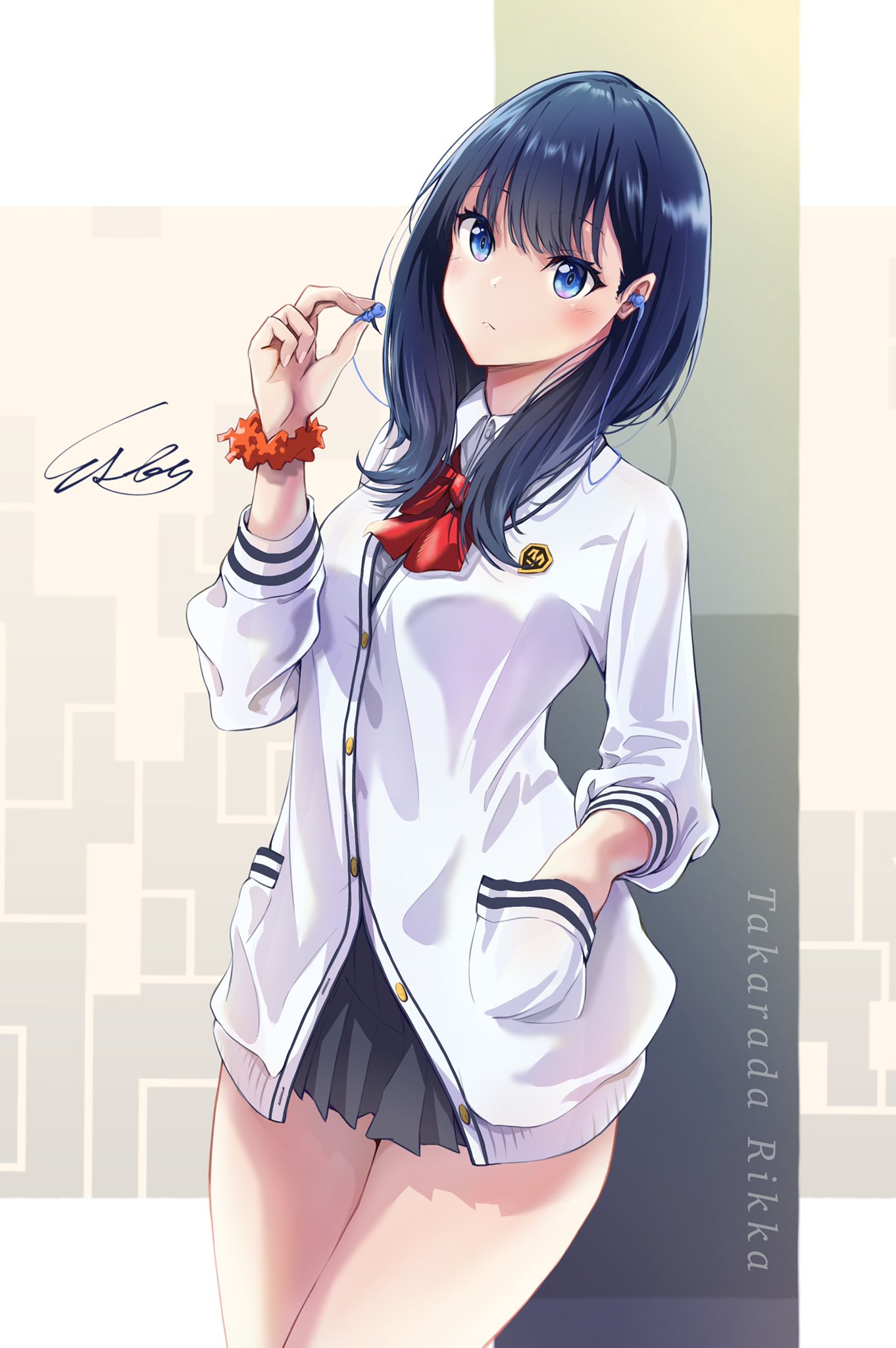 Anime Anime Girls SSSS GRiDMAN Takarada Rikka Dark Hair Long Hair School Uniform Blue Eyes Earphones 1362x2048