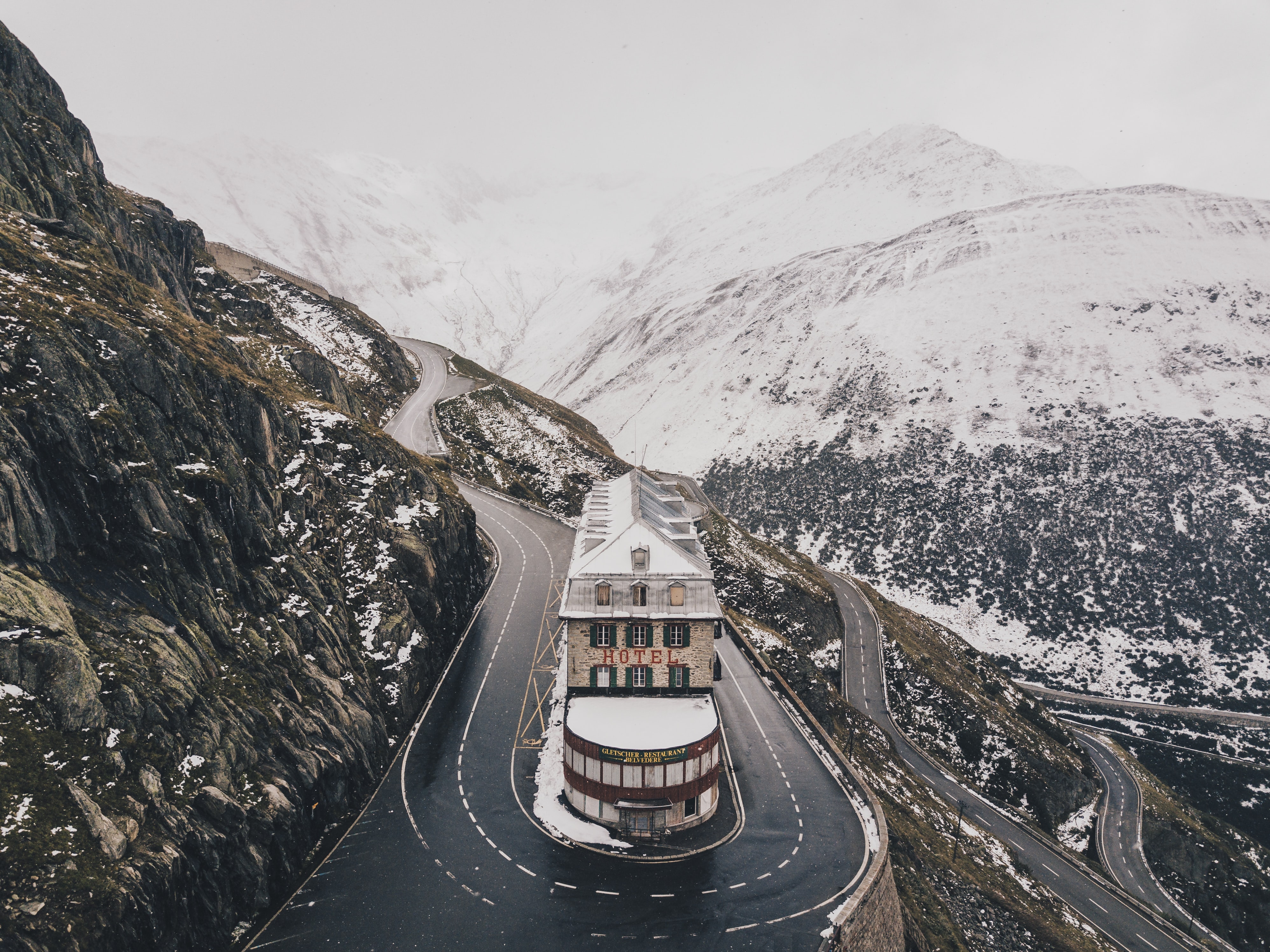 Switzerland Hotel Road Mountains Snow Swiss Alps 3992x2992