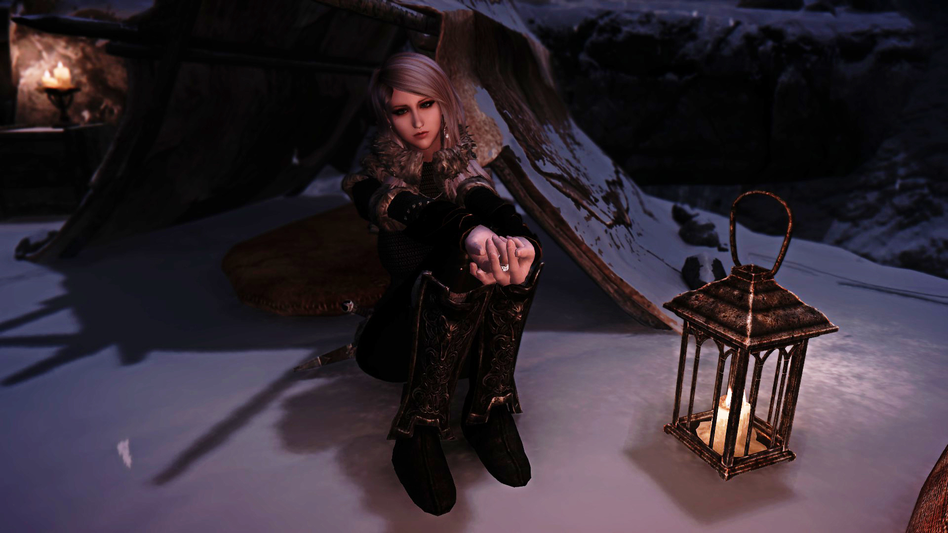 Women Video Games Screen Shot In Game The Elder Scrolls Sitting Blonde Depth Of Field Lantern Candle 1920x1080