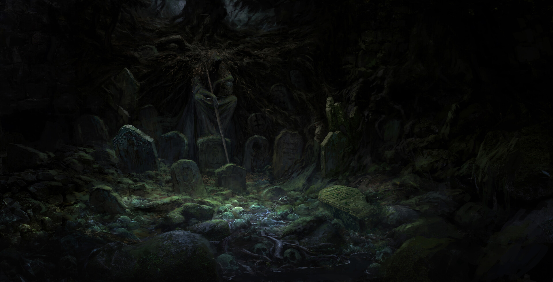 Artem Demura Dark Digital Art Fantasy Art Graveyards Tombstones Statue Sword Trees Skull 1920x982