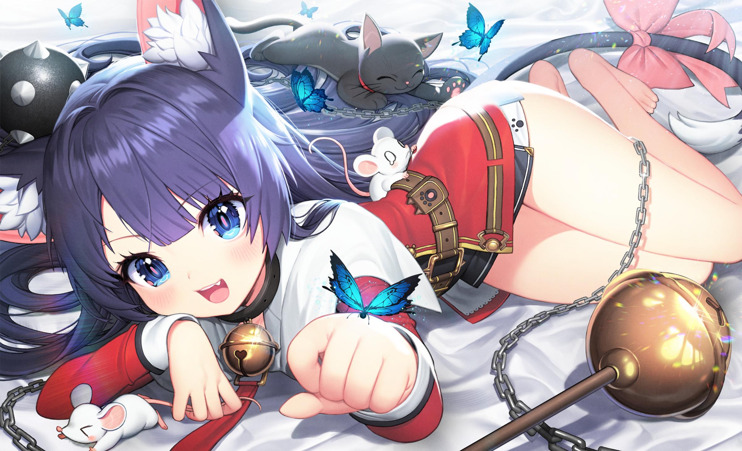 Clarissa Epic Seven Epic Seven Animal Ears Butterfly Blue Eyes Anime Girls Black Cat Chains 2400x1458
