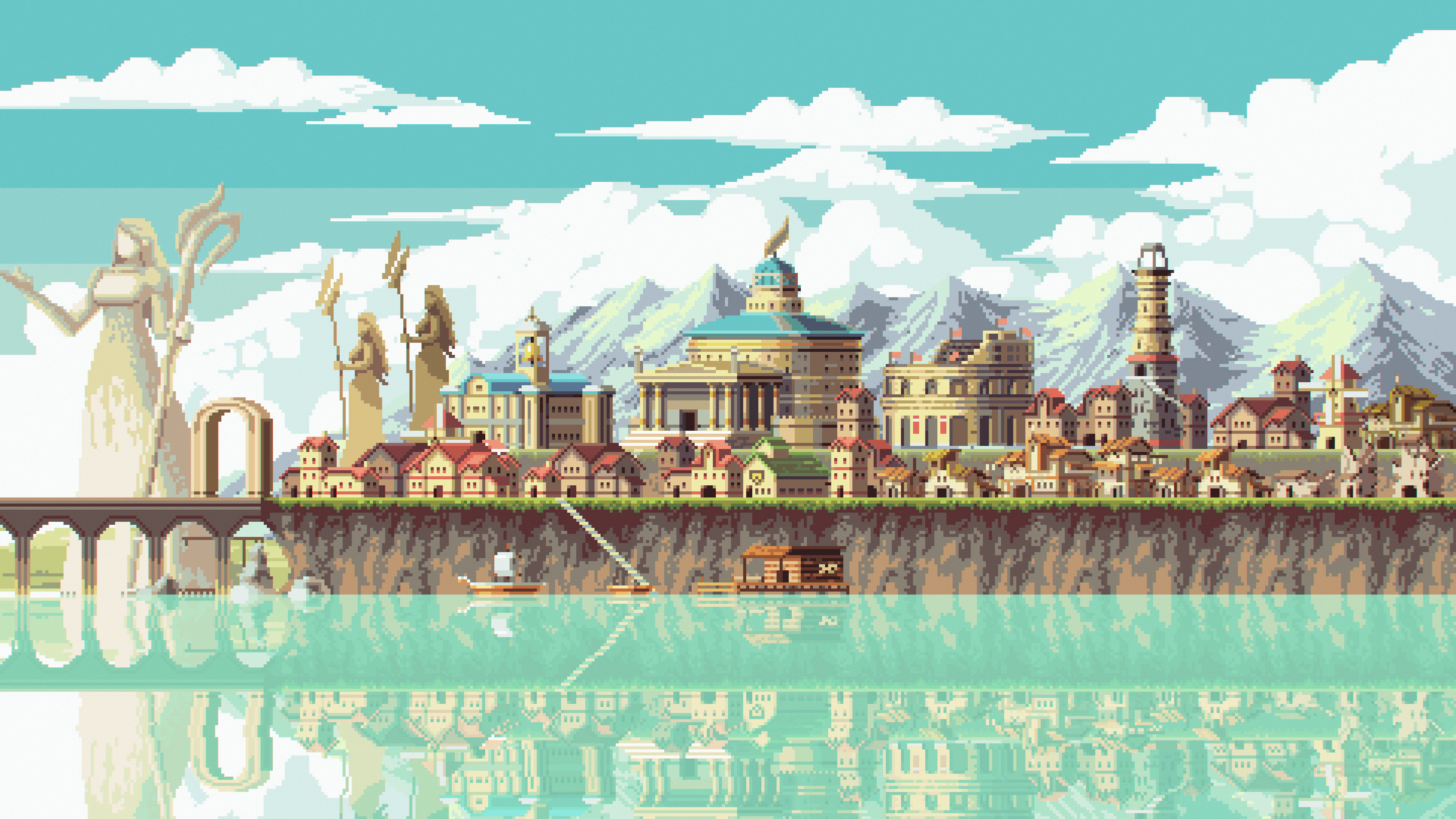 Pixel Art LakeSide Massive Galaxy Studios 4K Building City Lake Clouds Mountains 3840x2160
