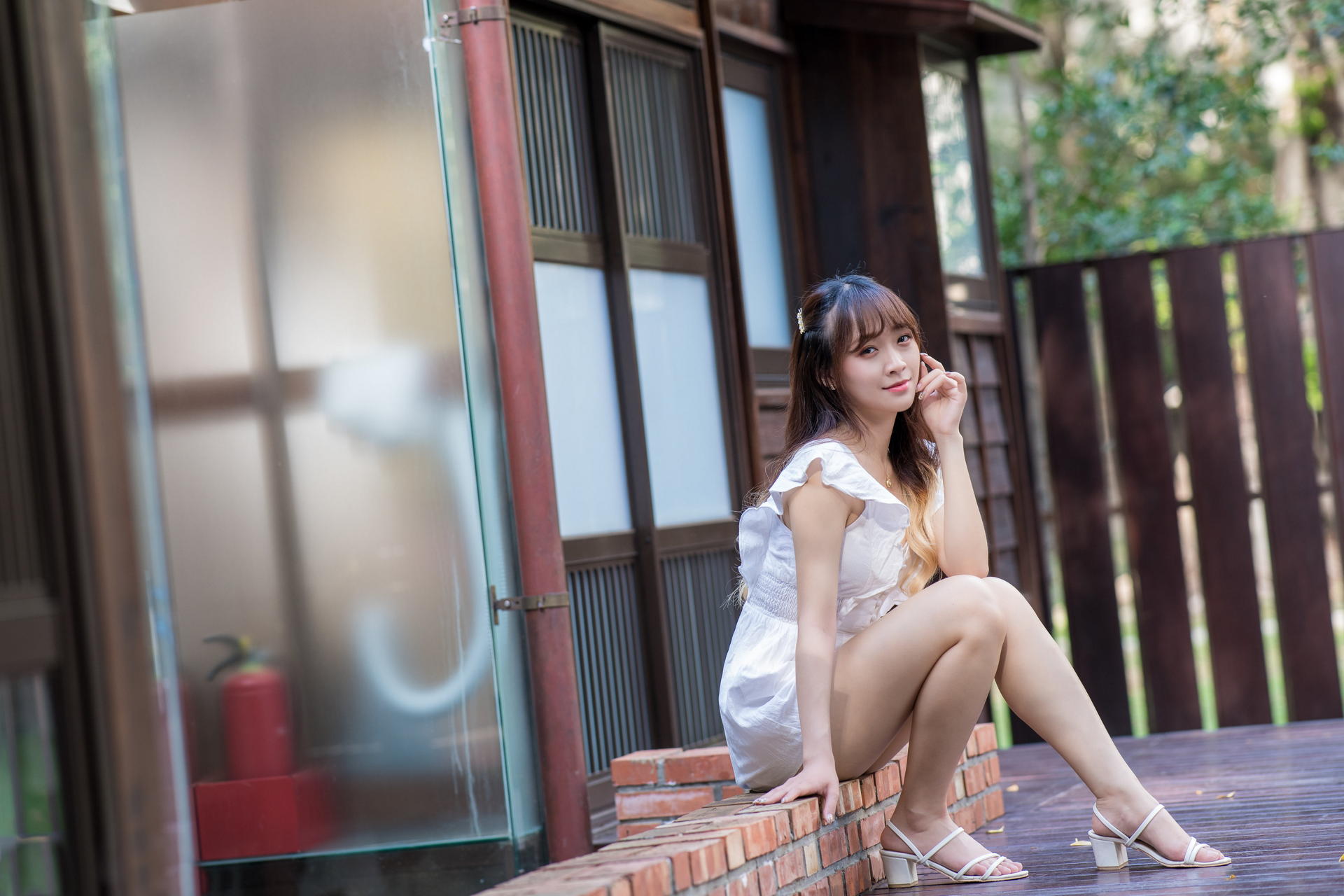 Asian Model Women Long Hair Dark Hair Women Outdoors White Dress Barefoot Sandal Sitting Depth Of Fi 1920x1280