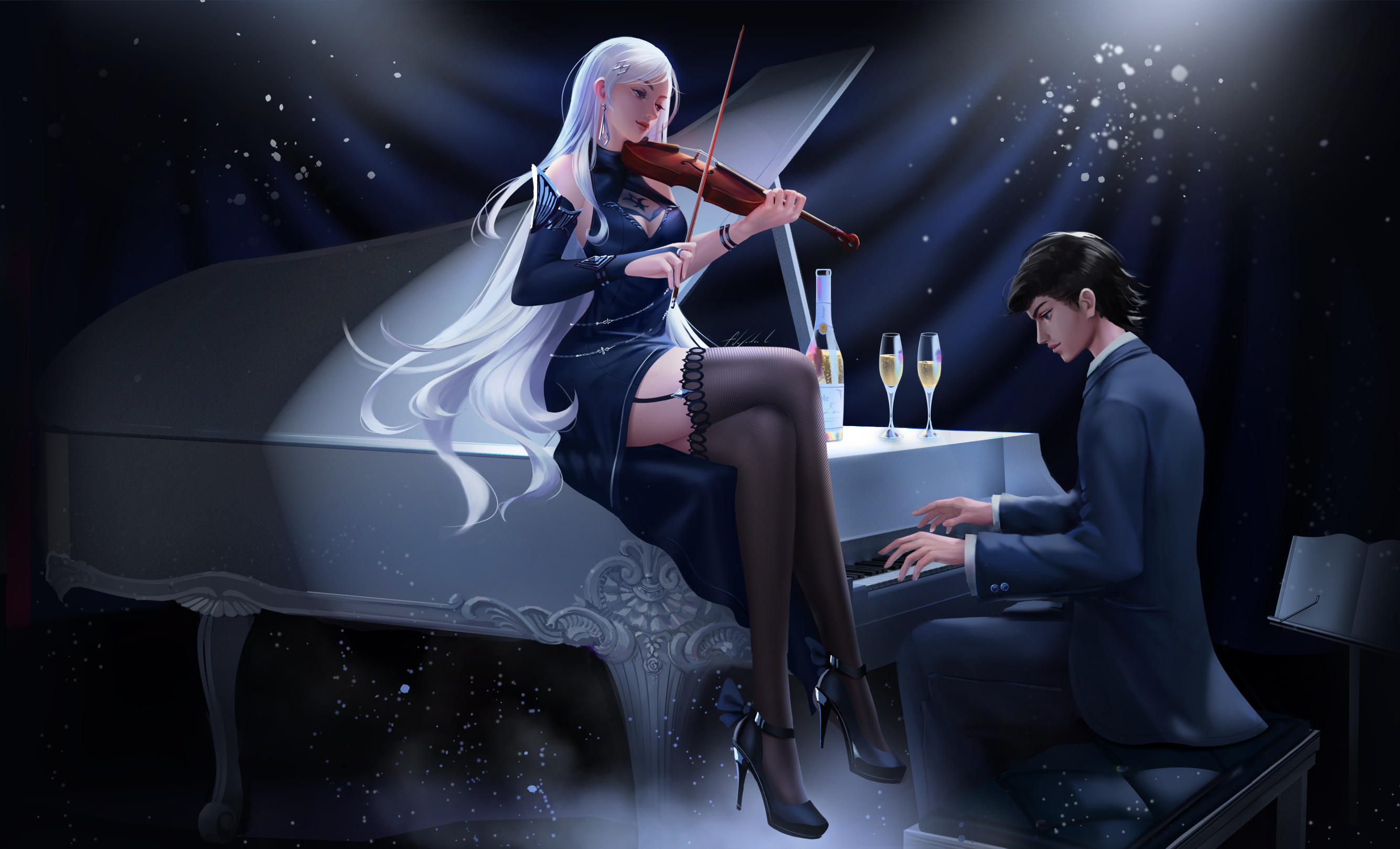 Alejandro Lara Drawing Women Men Piano Playing Violin Champagne Silver Hair Legs Crossed Dress Suits 2669x1618
