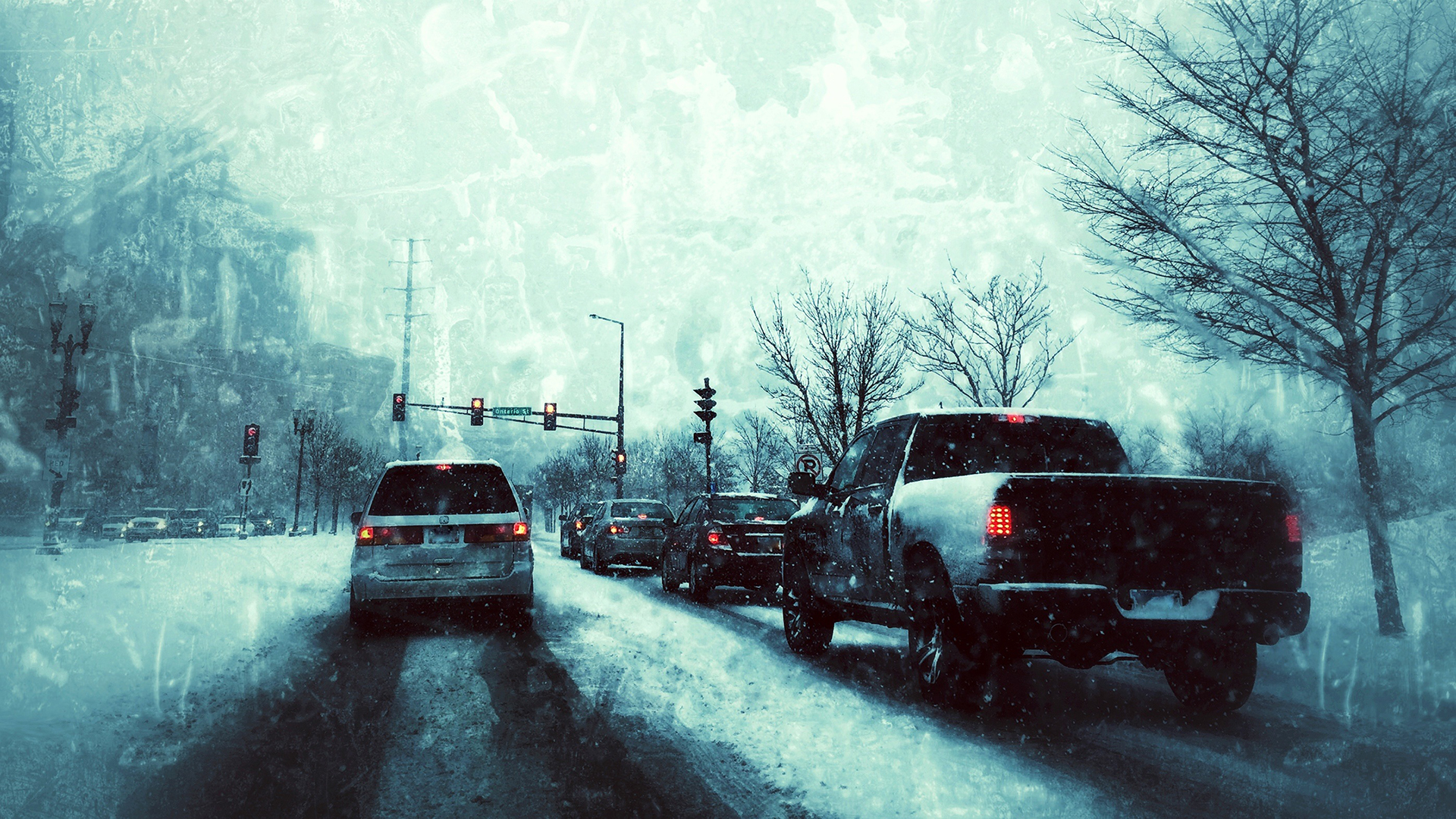 Snow Winter Storm Ontario Canada Traffic Traffic Lights Car Vehicle Street Trees Taillights 1920x1080