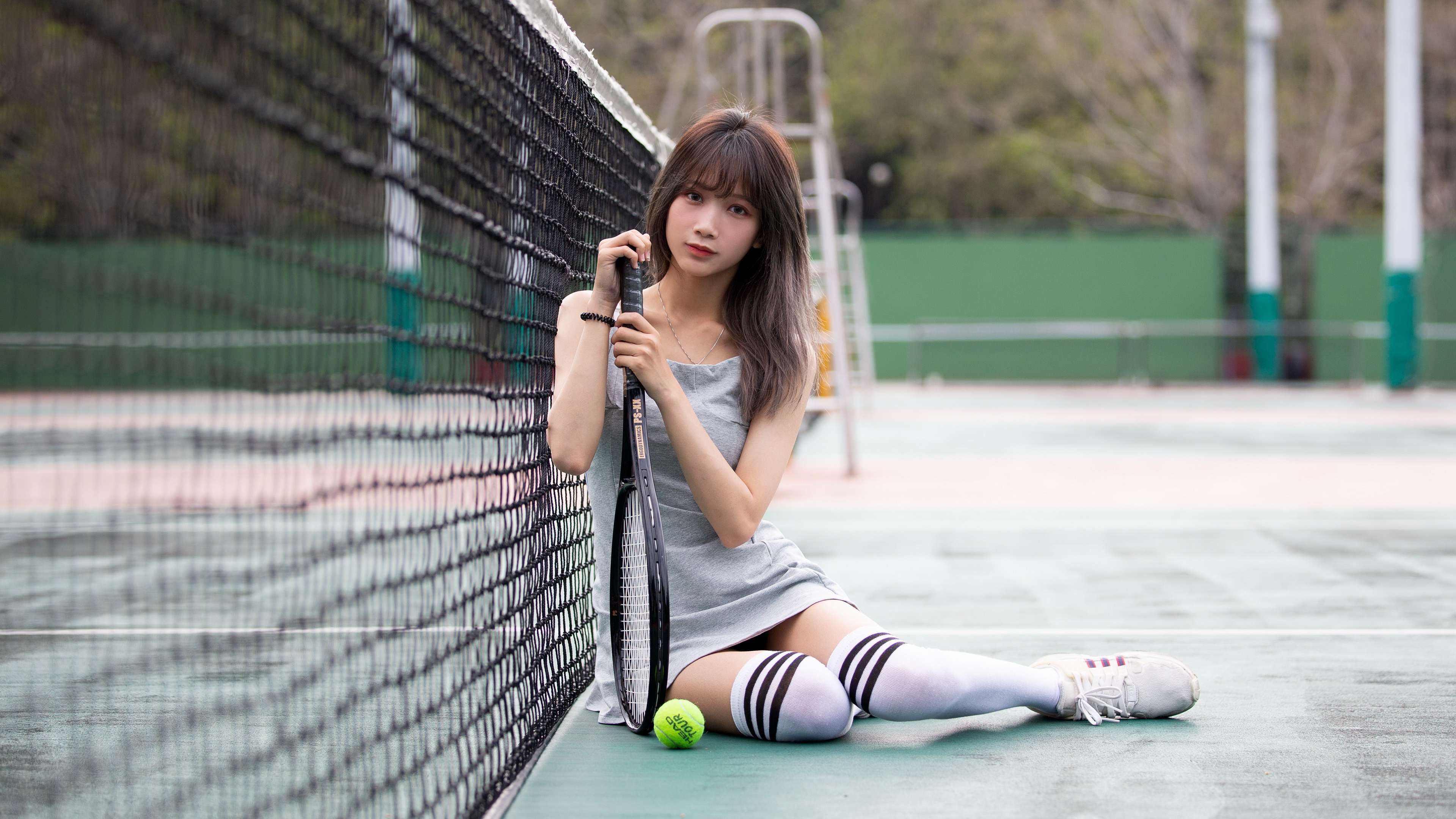 Model Women Asian Grey Dress OTK Socks Tennis Rackets Tennis Court 3840x2160