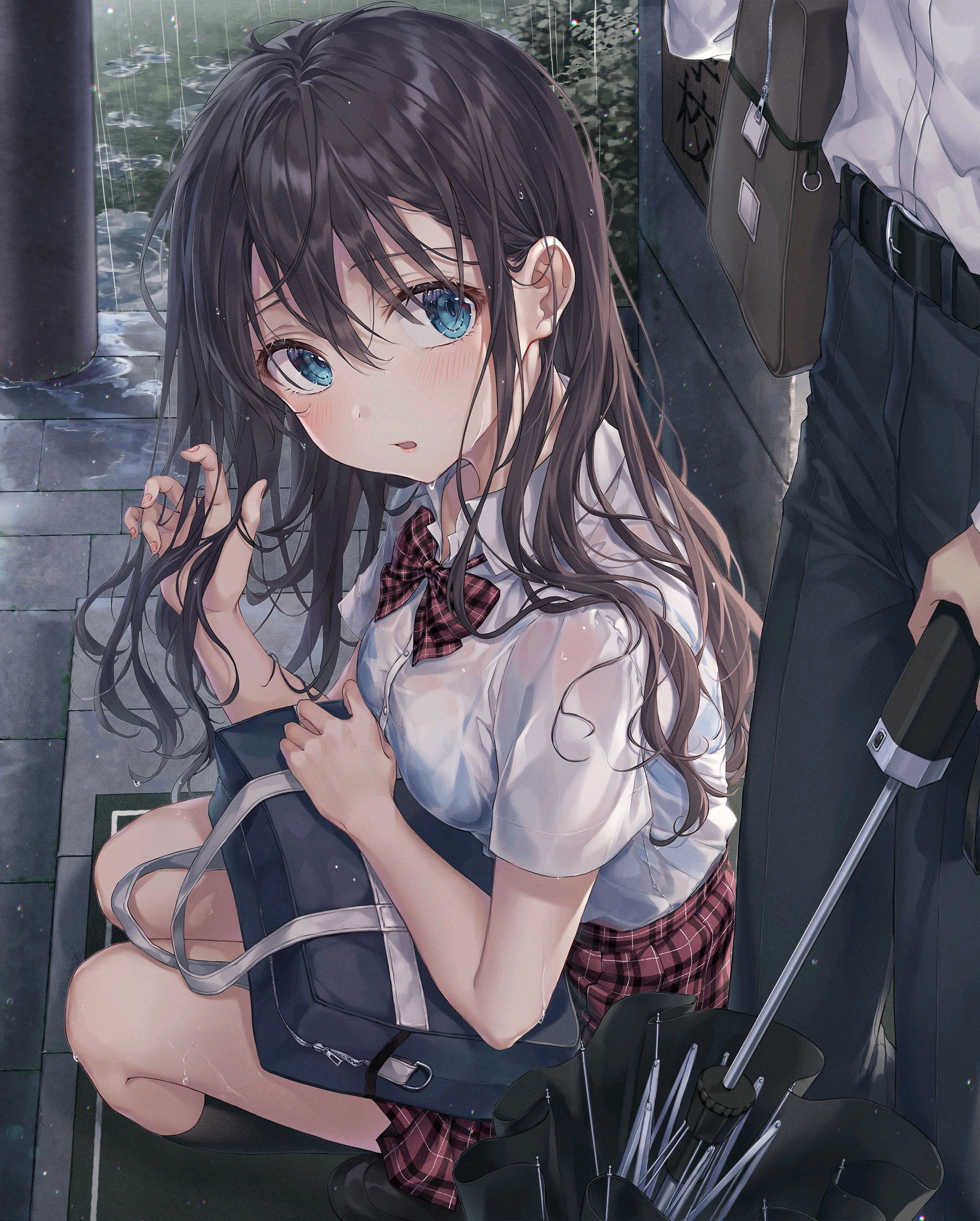 Anime Anime Couple Rain Schoolgirl Umbrella Wet School Uniform Artwork R O Ha 2000x2493
