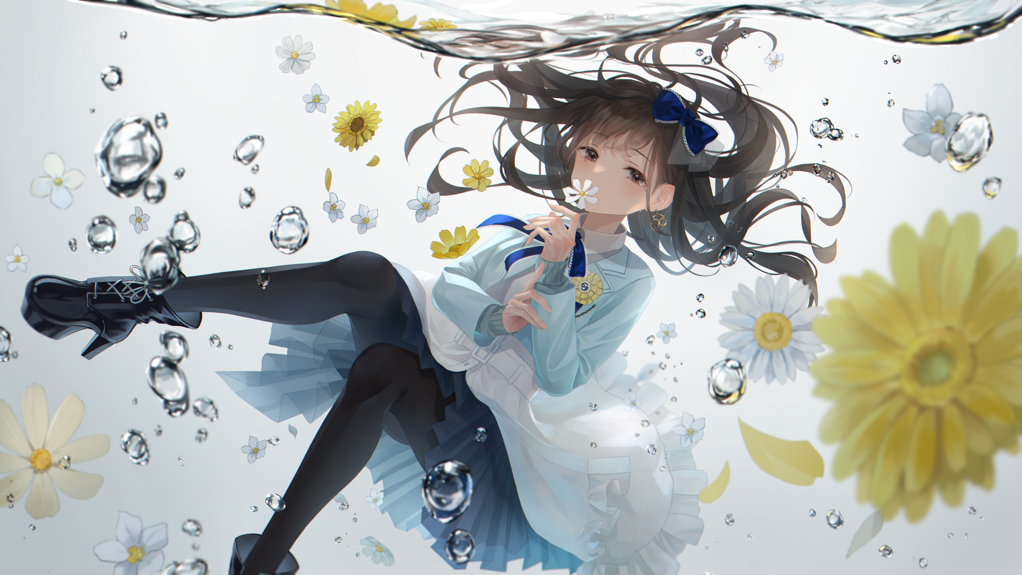 Anime Anime Girls Nenya Oekaki Artwork Brunette Brown Eyes Underwater Flowers 2100x1181