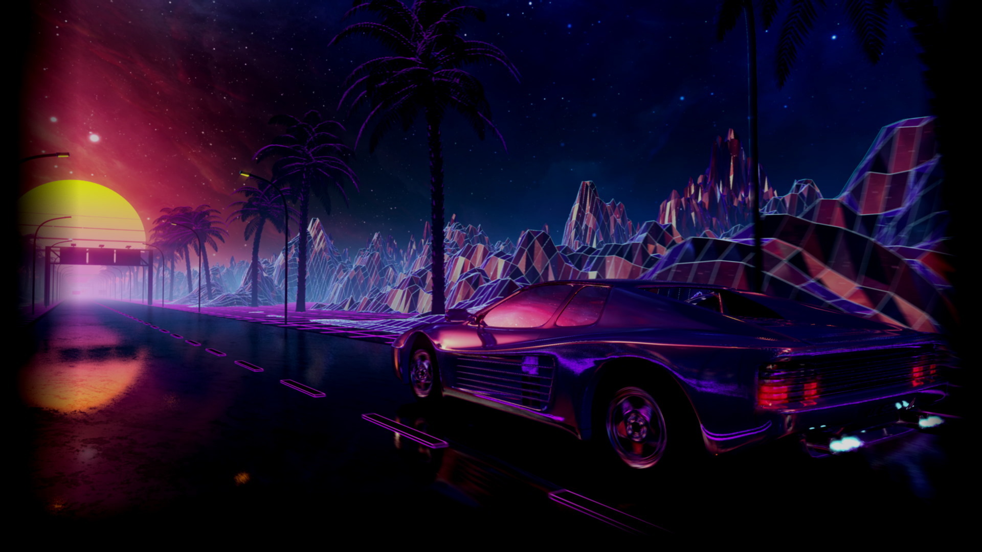 Retrowave Car Road Night Sunset Stars Palm Trees Street Light Grid Synthwave Video Games Reflection  1920x1080