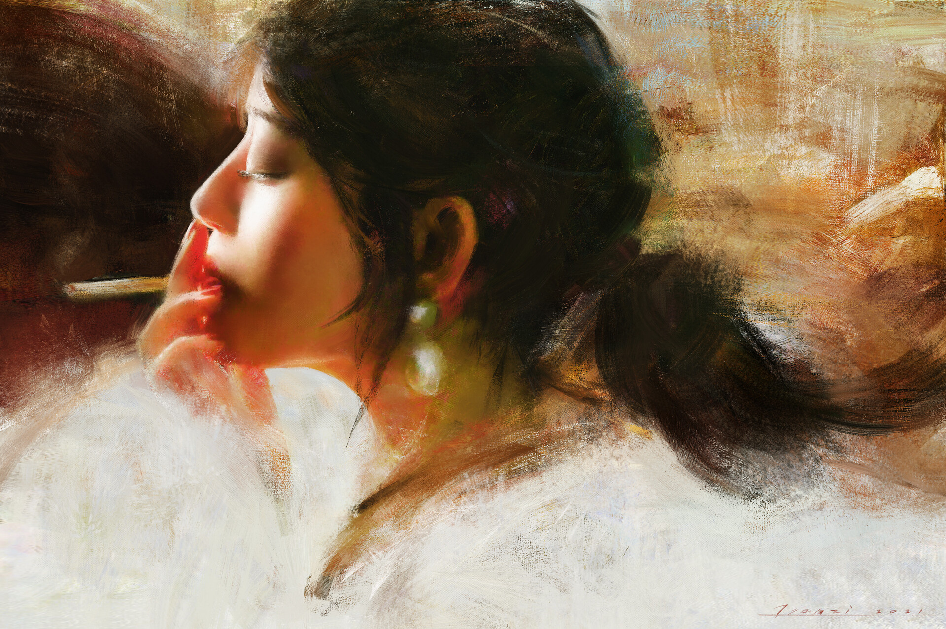 Tian Zi Women Smoking Cigarettes Artwork Painting ArtStation Closed Eyes Asian Dark Hair Face Profil 1920x1277