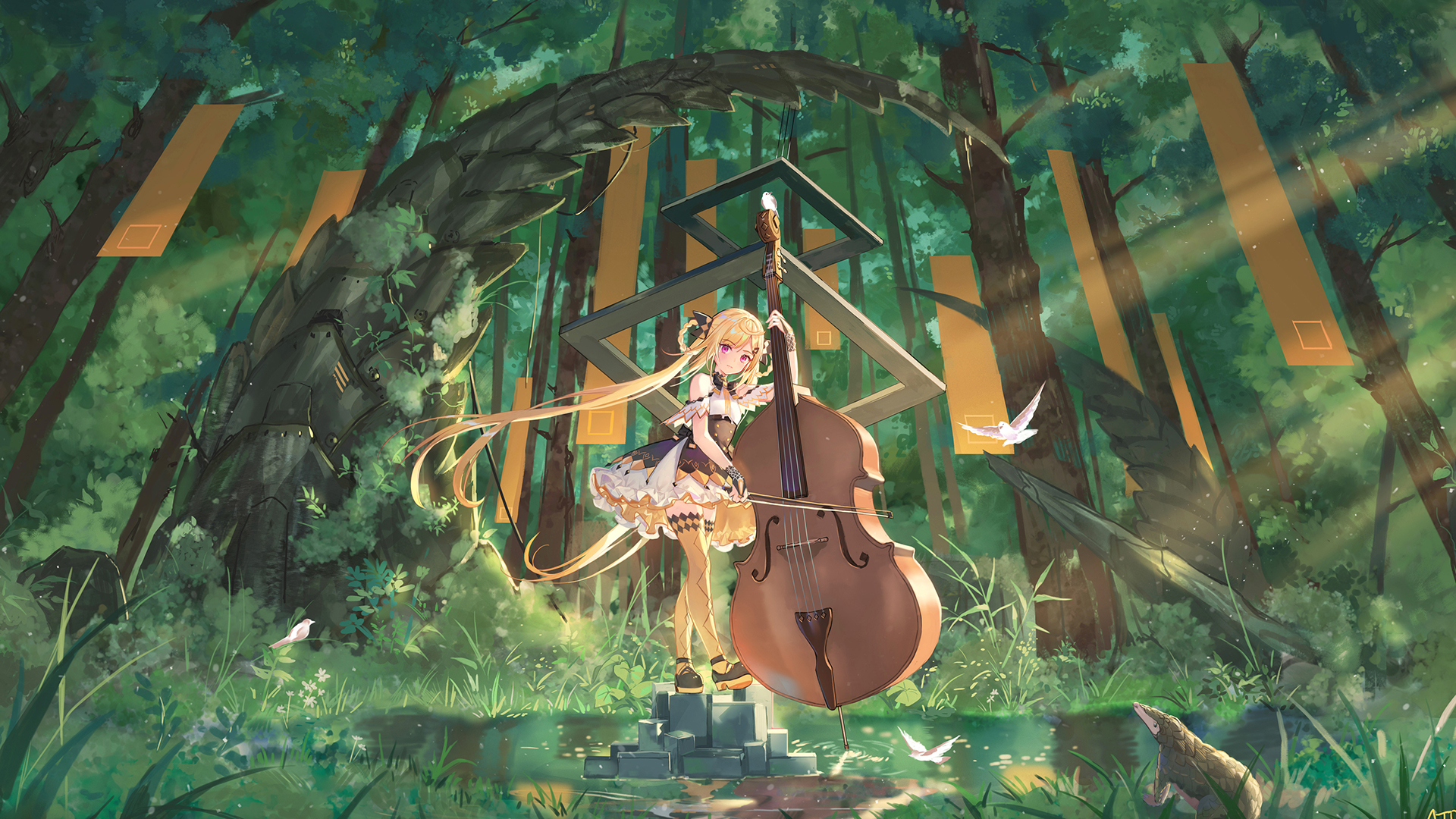 Anime Girls Flower Dress Anime Cello Musical Instrument 1920x1080