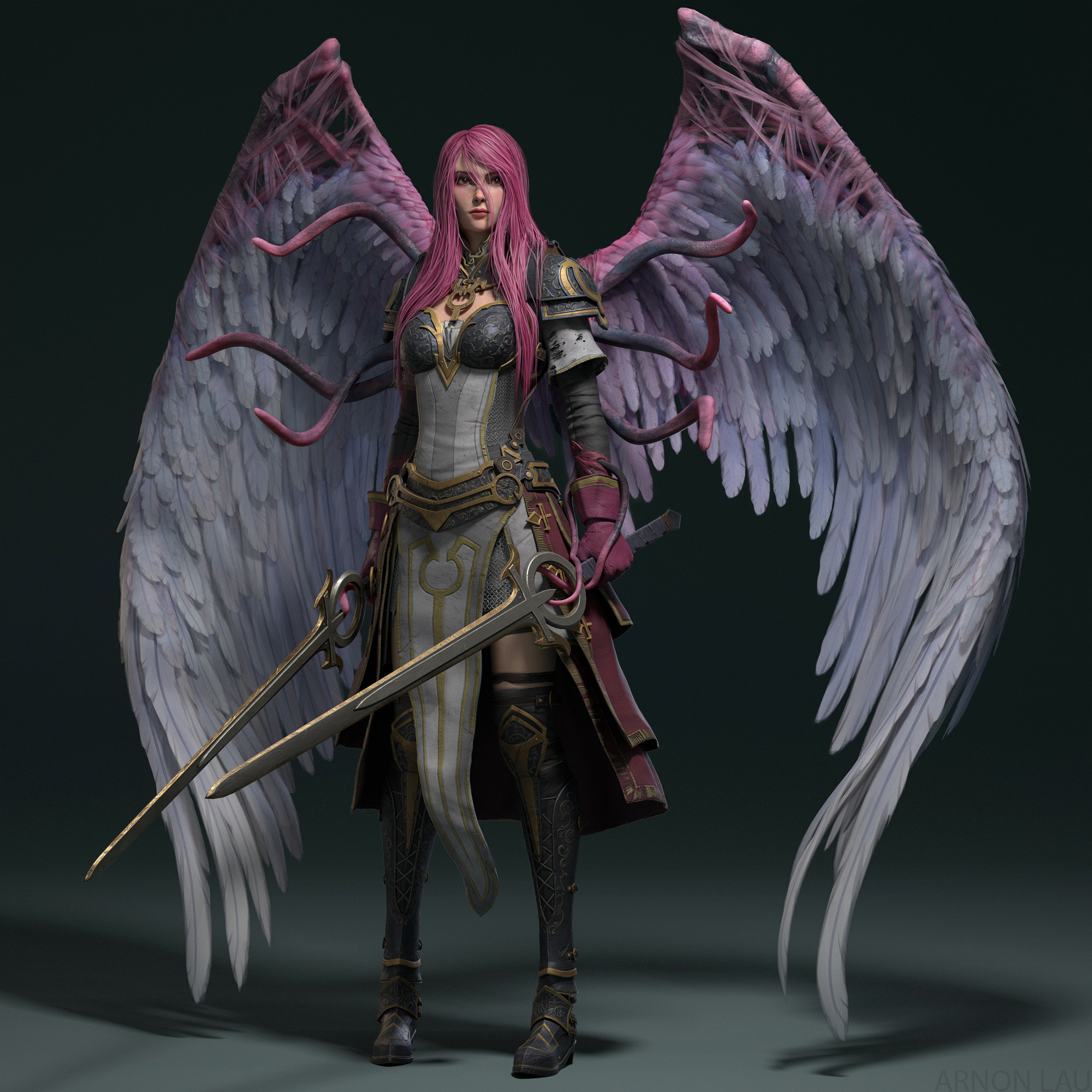 Arnon Lau Fantasy Girl Fantasy Art Women With Swords Simple Background Wings Artwork Pink Hair Stand 2000x2000