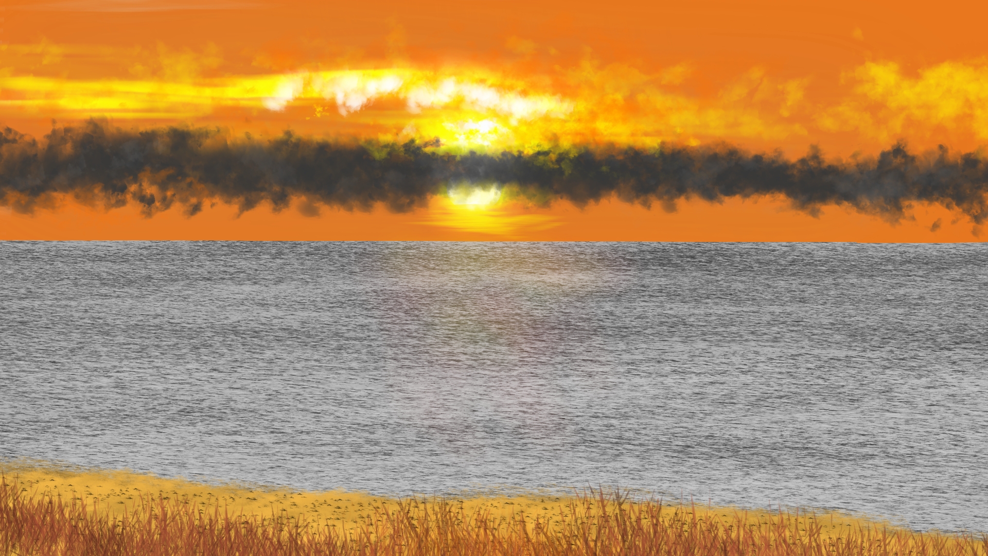 Digital Painting Digital Art Nature Shoreline Dusk 1920x1080