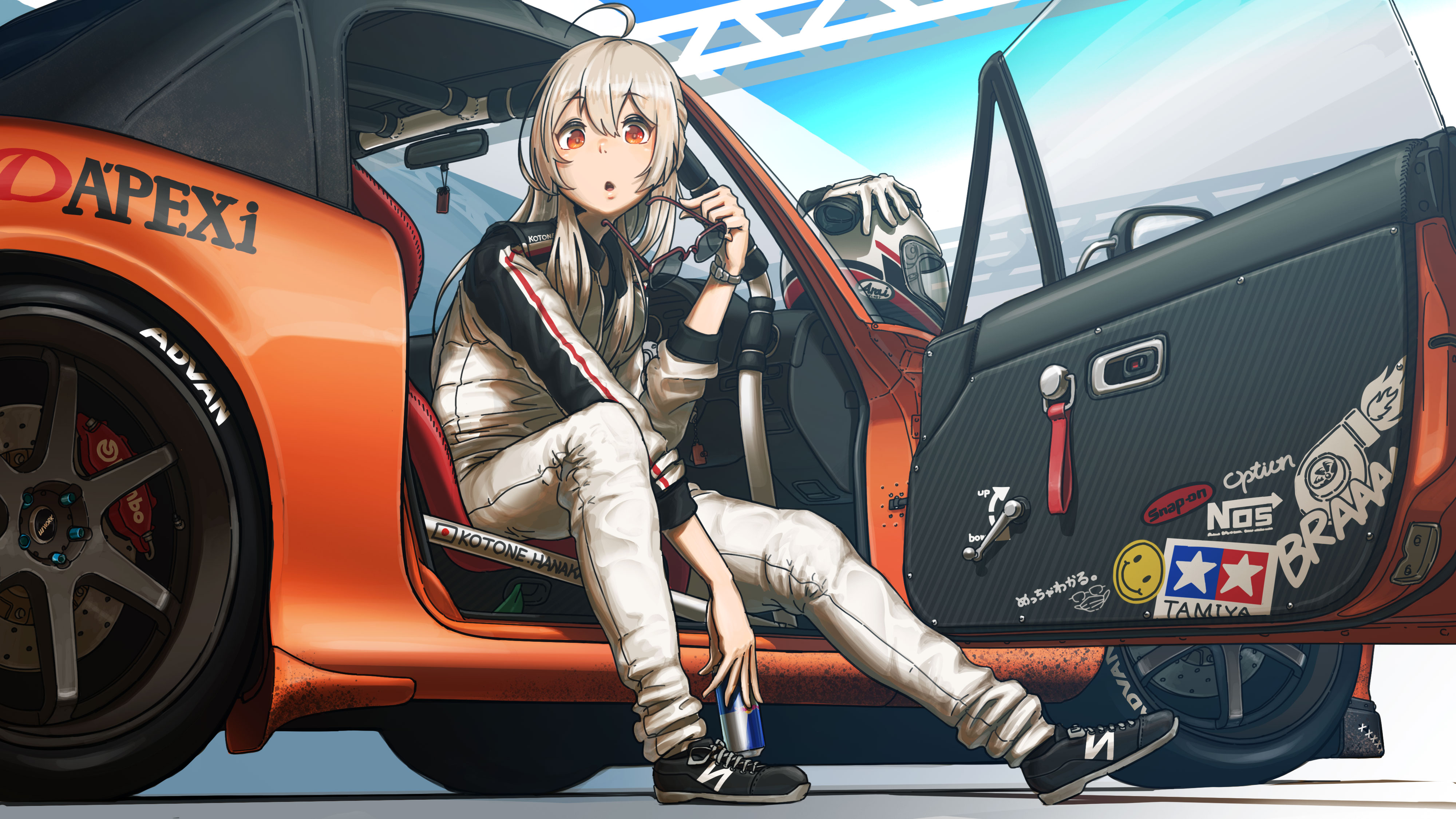 Anime Anime Girls Blonde Long Hair Red Eyes Glasses Sneakers Car Gloves Helmet Red Bull Off Road 4000x2250