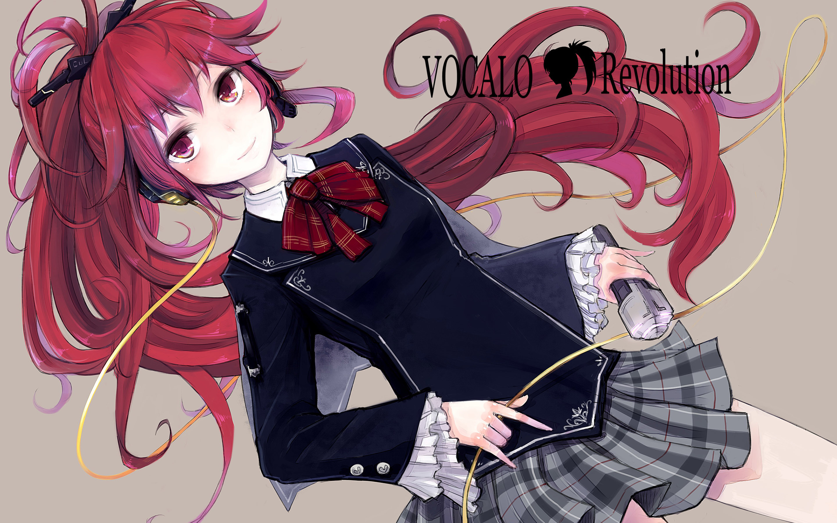 Redhead Ponytail School Uniform Microphone Red Eyes Anime Girls Vocaloid Smiling Long Hair Beige Bac 2880x1800