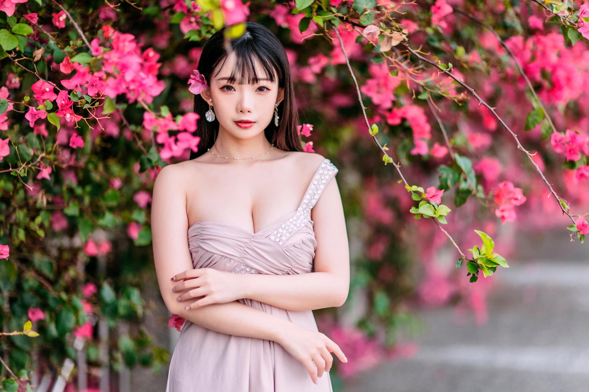 Asian Model Women Long Hair Dark Hair Flowers Branch Pink Dress Earring Ning Shioulin Necklace Paint 1920x1280