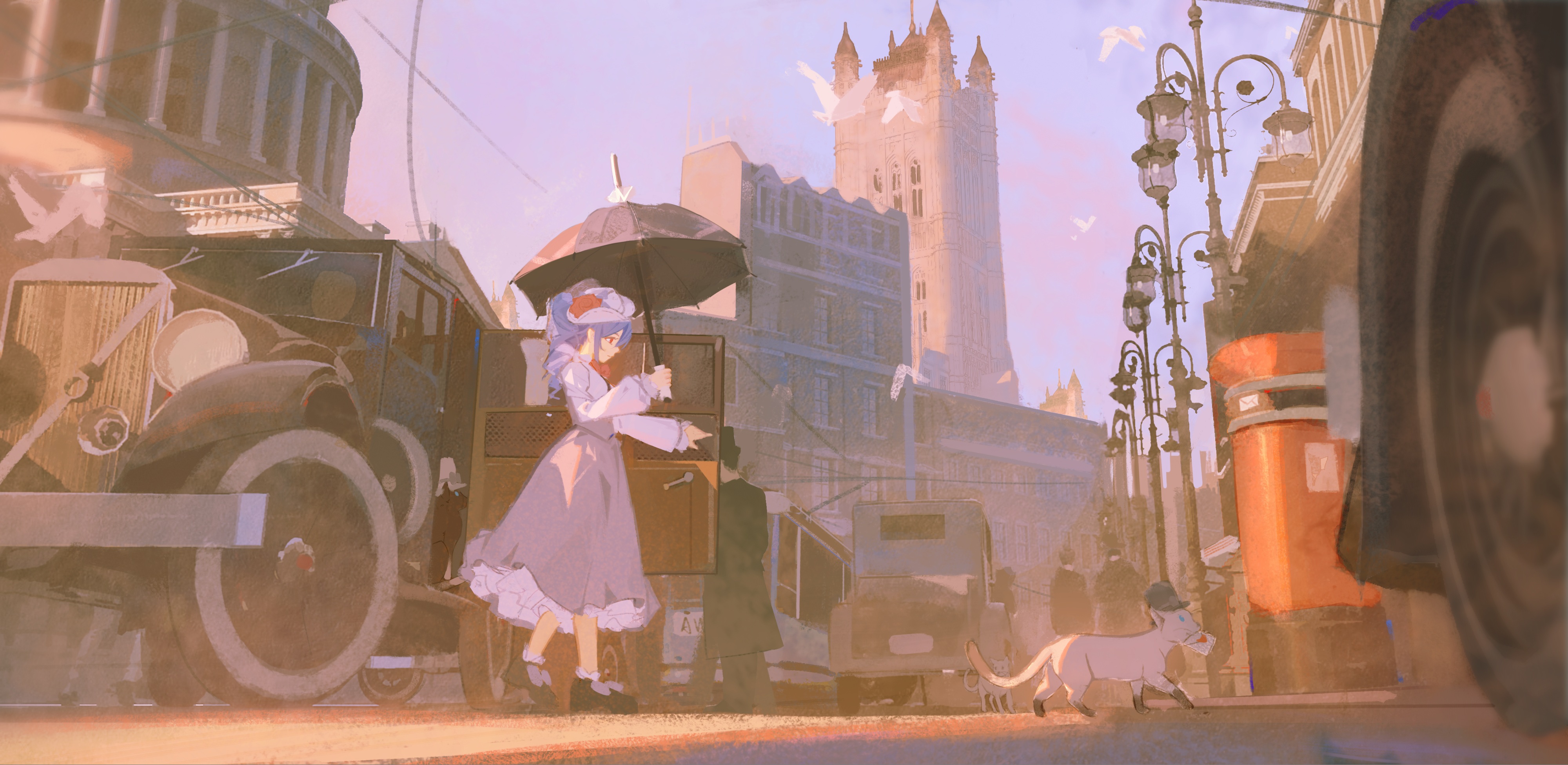 Anime Anime Girls Women With Cars Car Women With Umbrella Vehicle Oldtimers Dress City Cats Animals  4000x1951