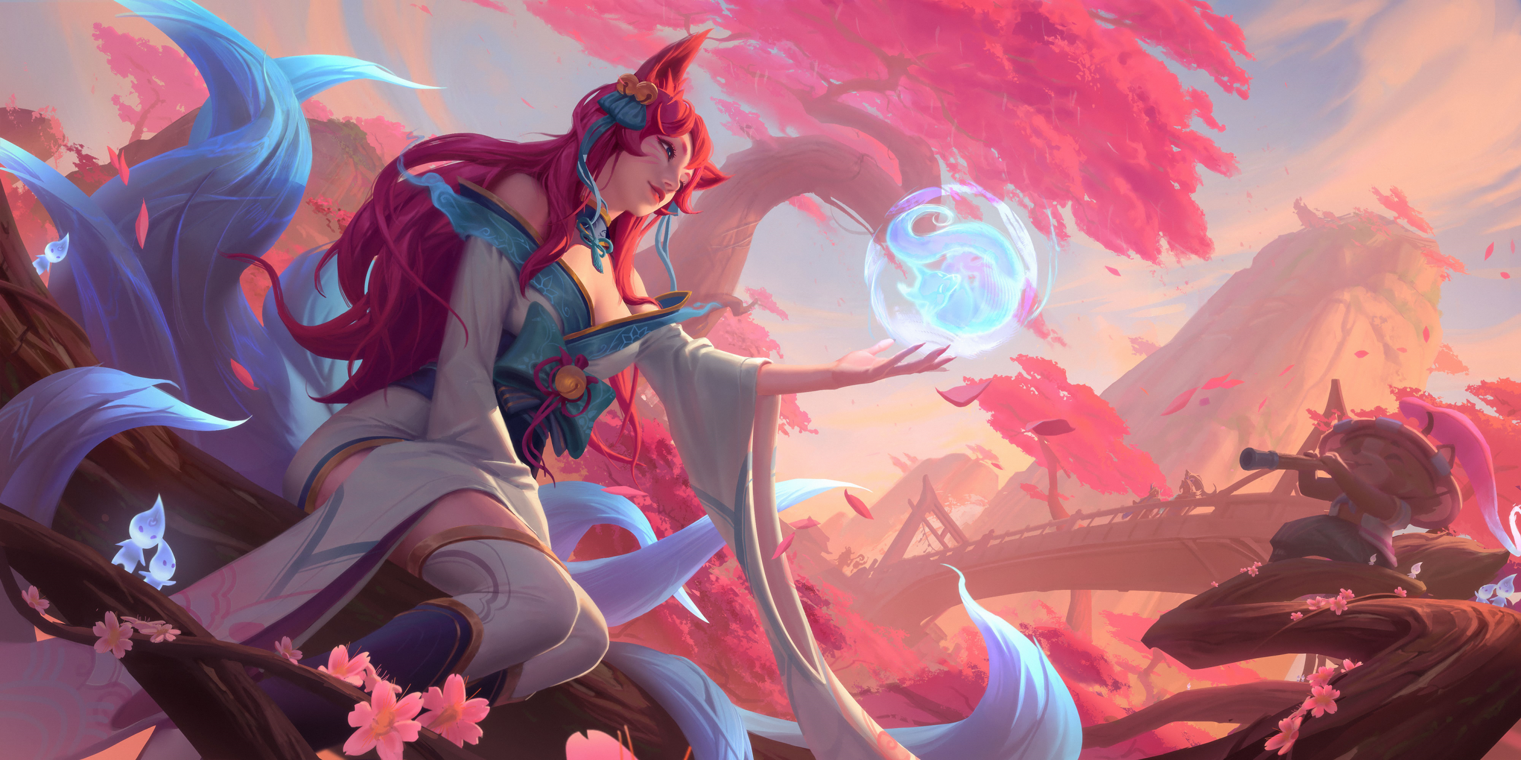 Ahri League Of Legends League Of Legends Fantasy Girl Video Games Video Game Girls Kimono Video Game 3000x1500