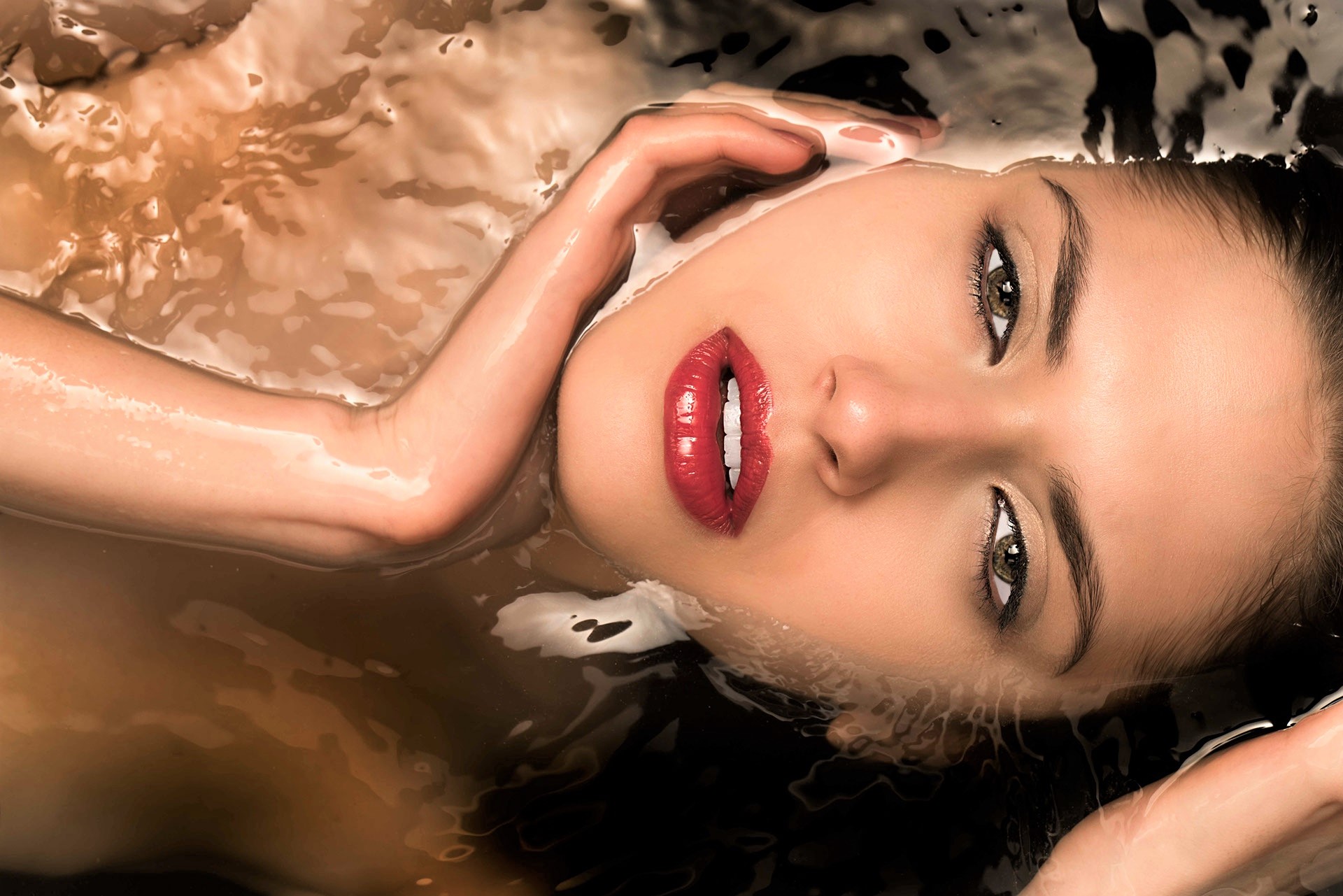 Woman Girl Lying Down Water Face Lipstick 1920x1281