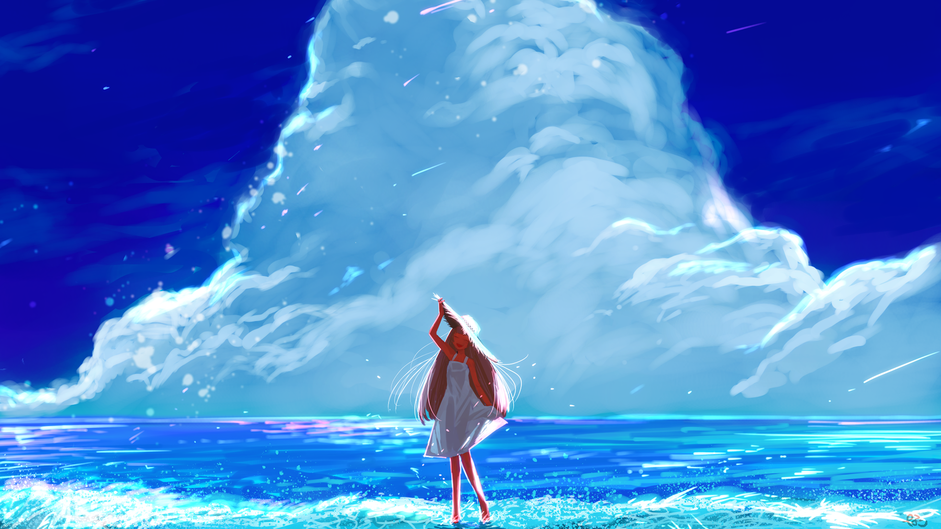 Cloud Dress Long Hair Pink Hair Sea Sky Water 1920x1080