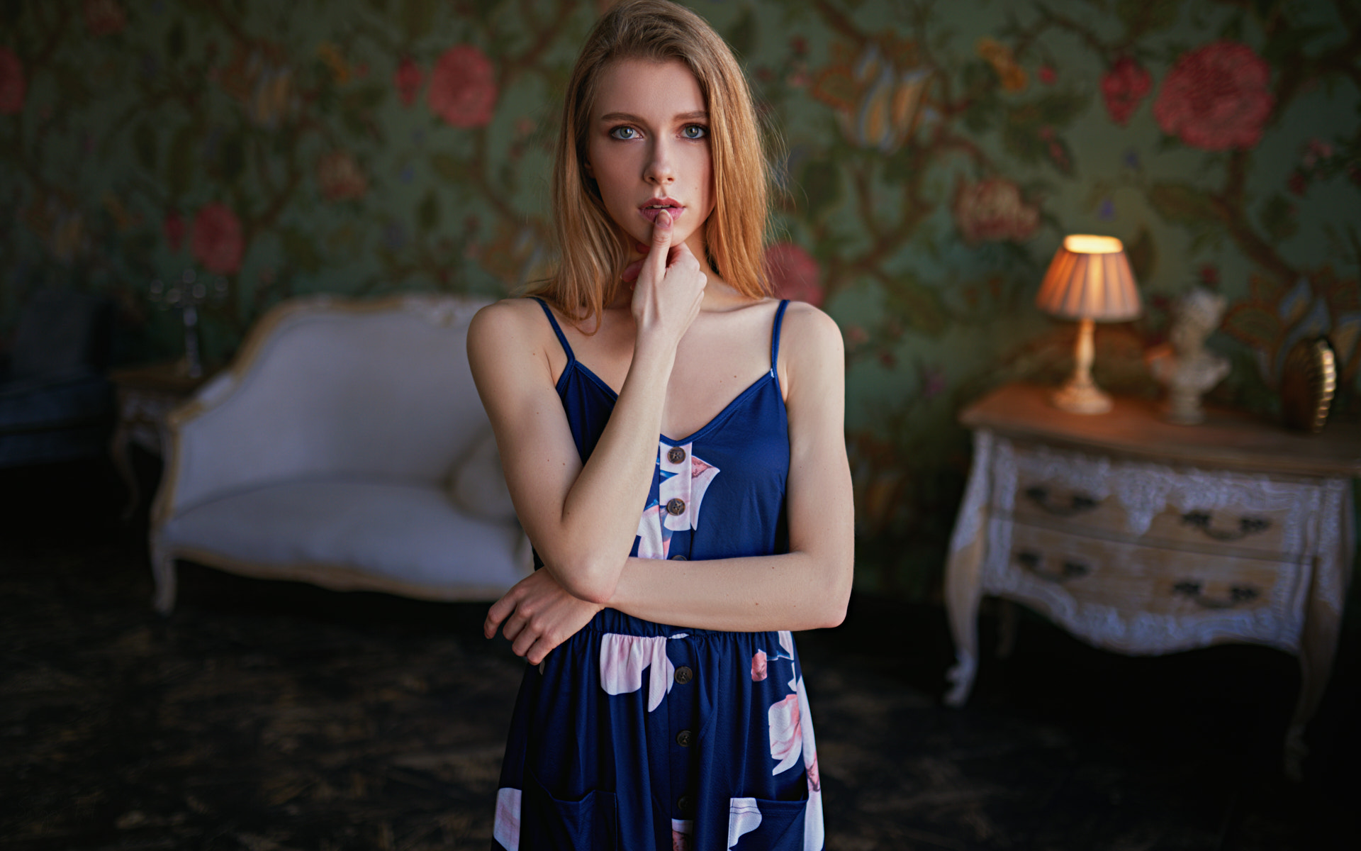 Sergey Zhirnov Women Brunette Blue Eyes Looking At Viewer Dress Finger On Lips Blue Clothing Indoors 1920x1200