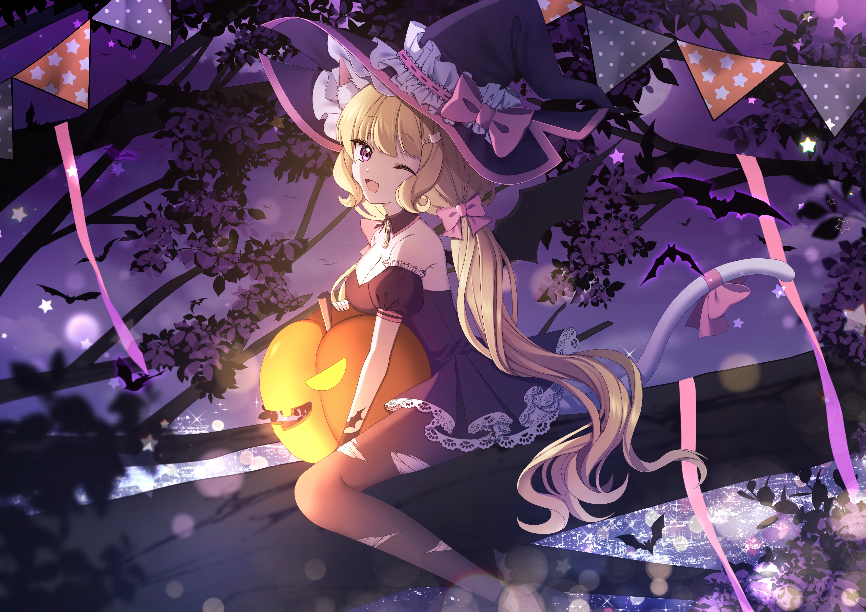 Anime Anime Girls Halloween Cat Girl Witch Hat Dress Blonde Long Hair Wink Purple Eyes 3508x2480