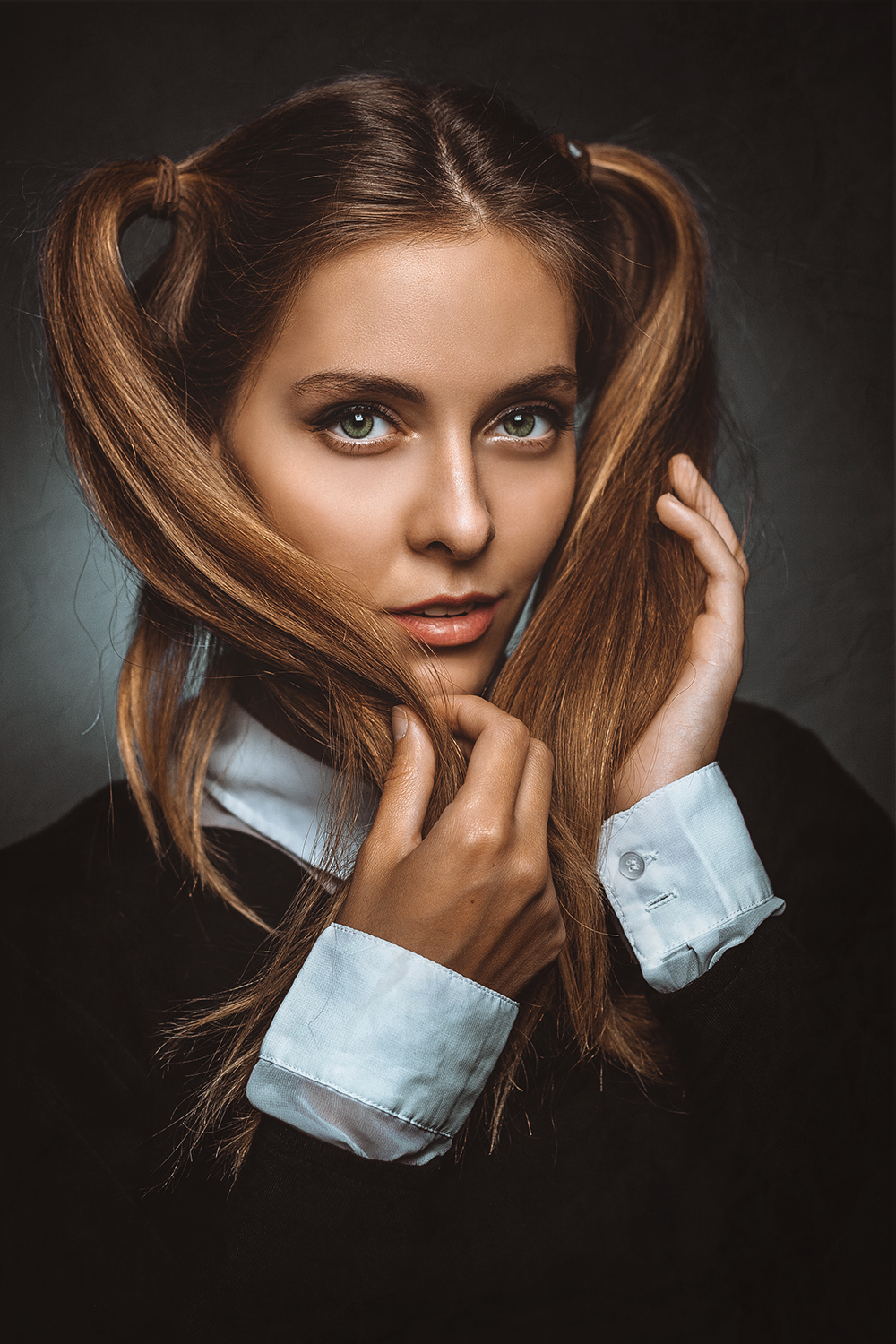 Women Brunette Looking At Viewer Hands In Hair Twintails Shirt Simple Background Long Hair Portrait  1000x1500