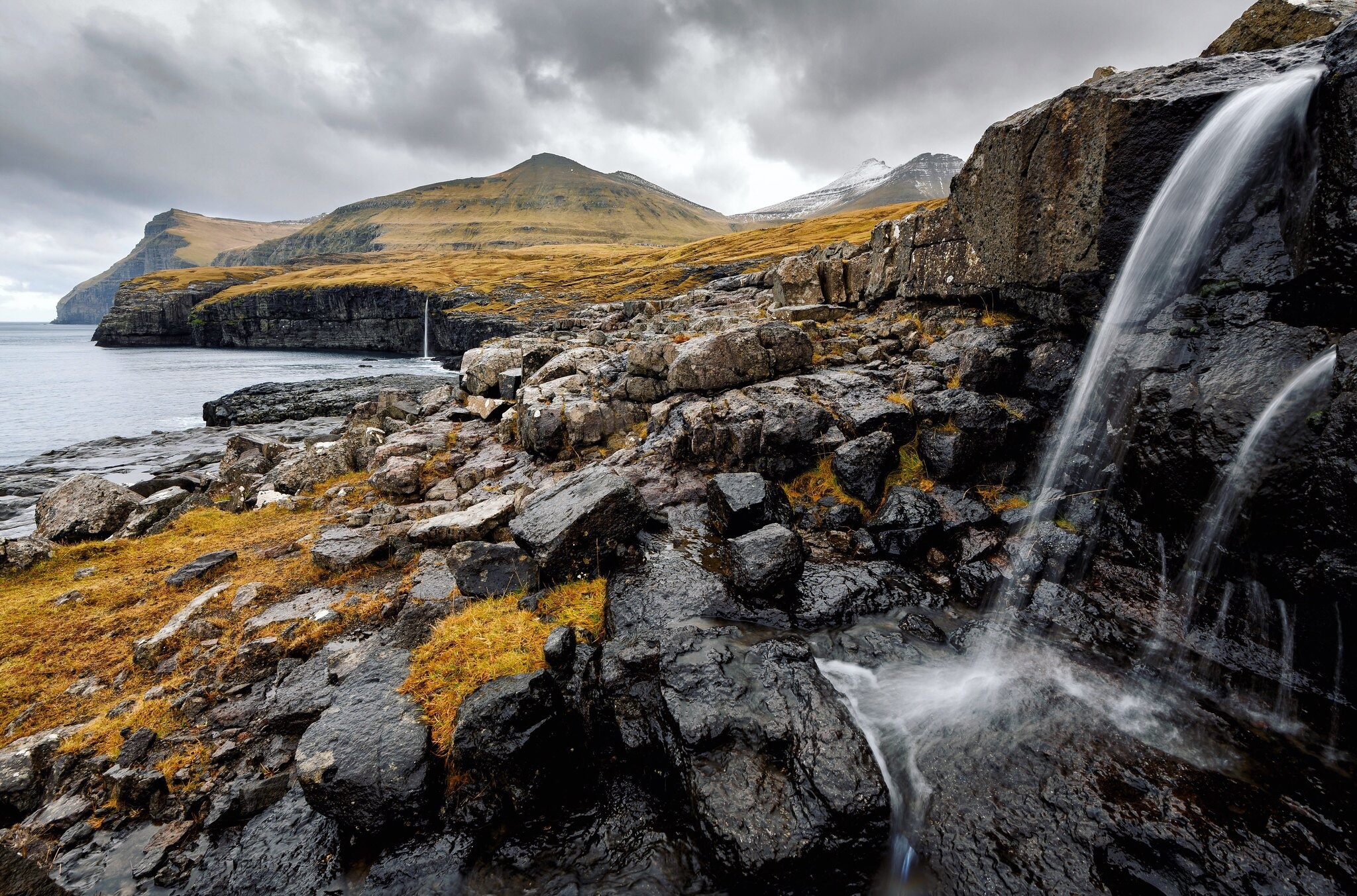 Coast Faroe Islands Nature Rock Waterfall 2048x1353