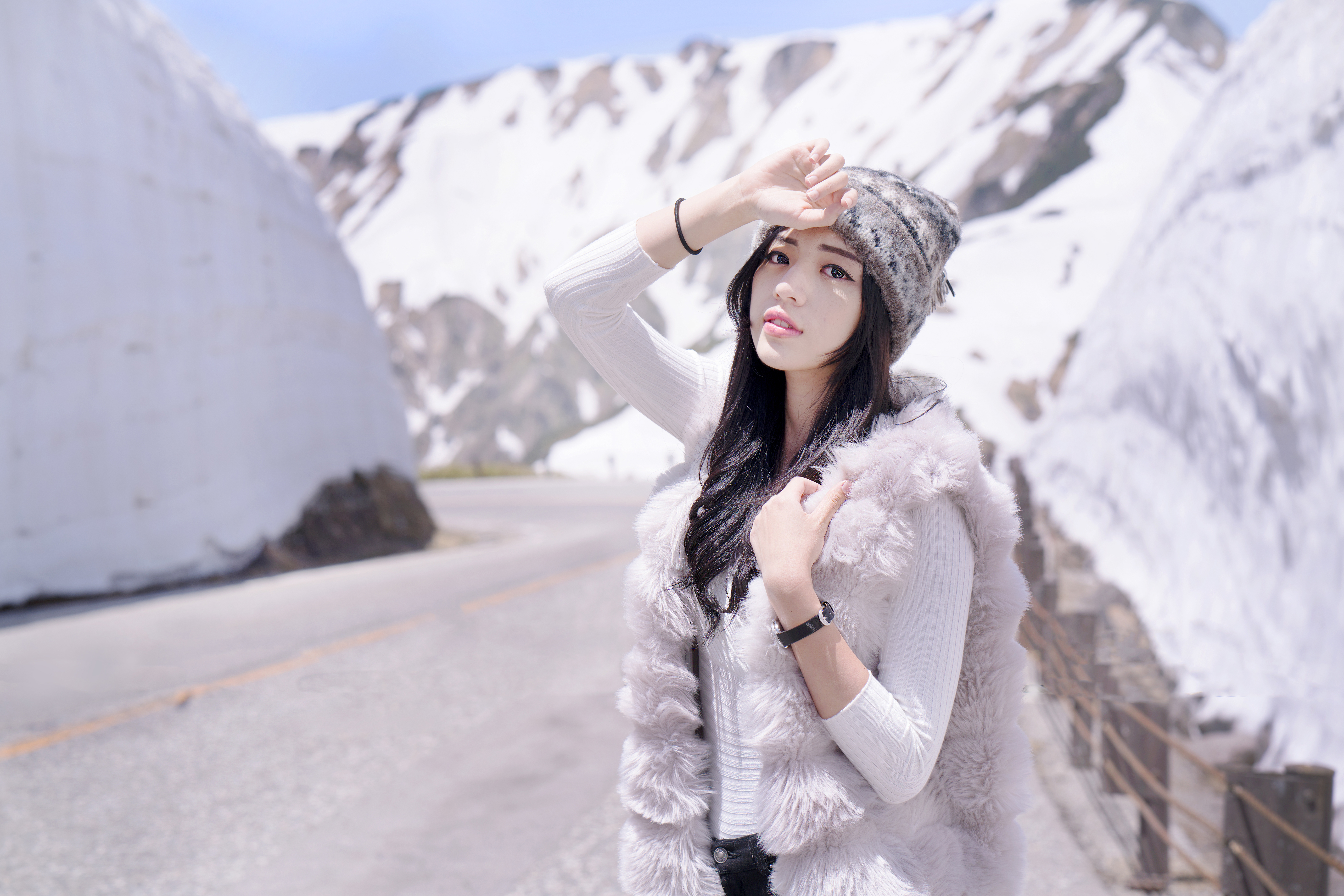 Model Women Brunette Asian Road Women Outdoors Beanie Snow Looking At Viewer 5616x3746
