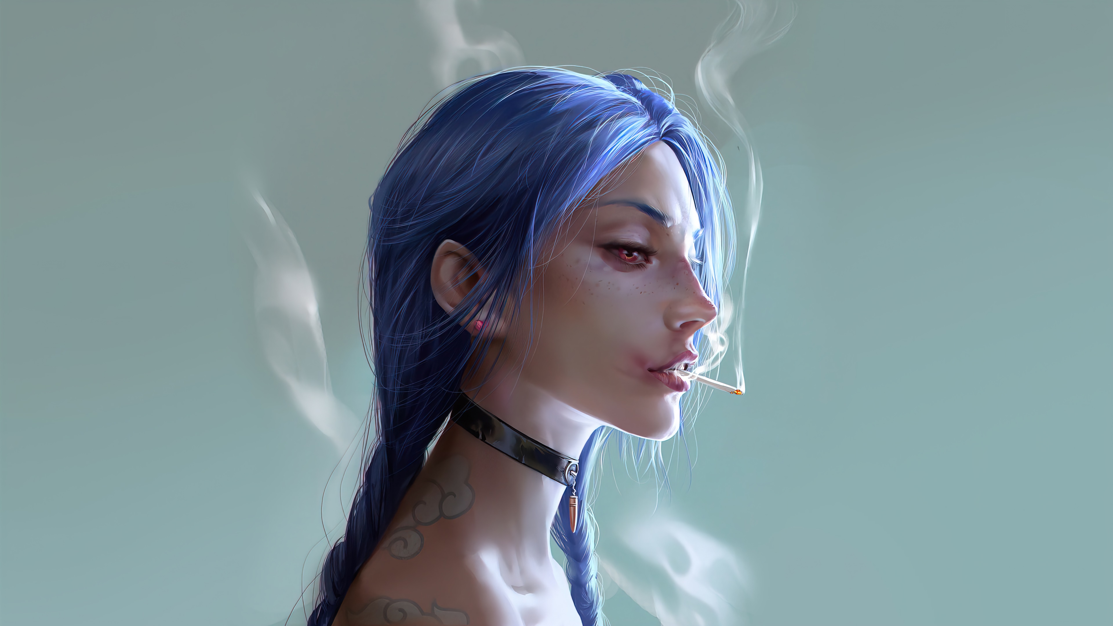 Artwork Women Jinx League Of Legends Blue Hair Smoking Choker 3840x2160