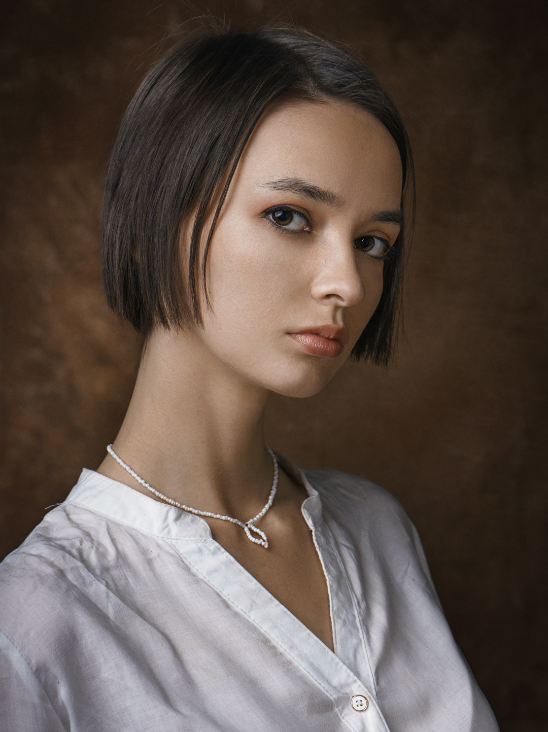 Aleksey Gurylev Women Dark Hair Short Hair Brown Eyes Looking At Viewer White Clothing Simple Backgr 1080x1443