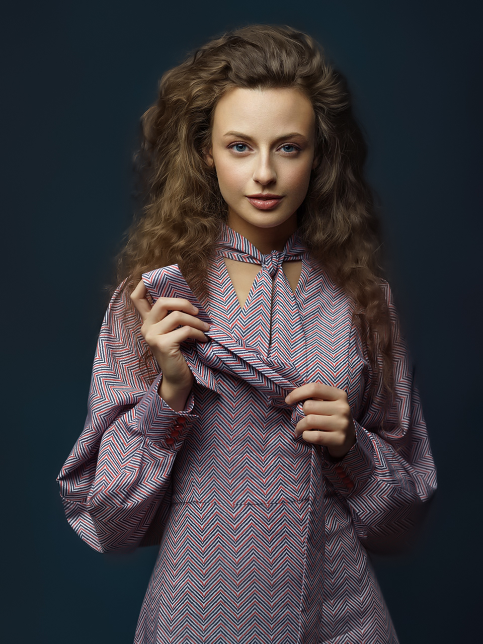 Alexey Kazantsev Women Brunette Long Hair Dress Pattern Makeup Simple Background 960x1280
