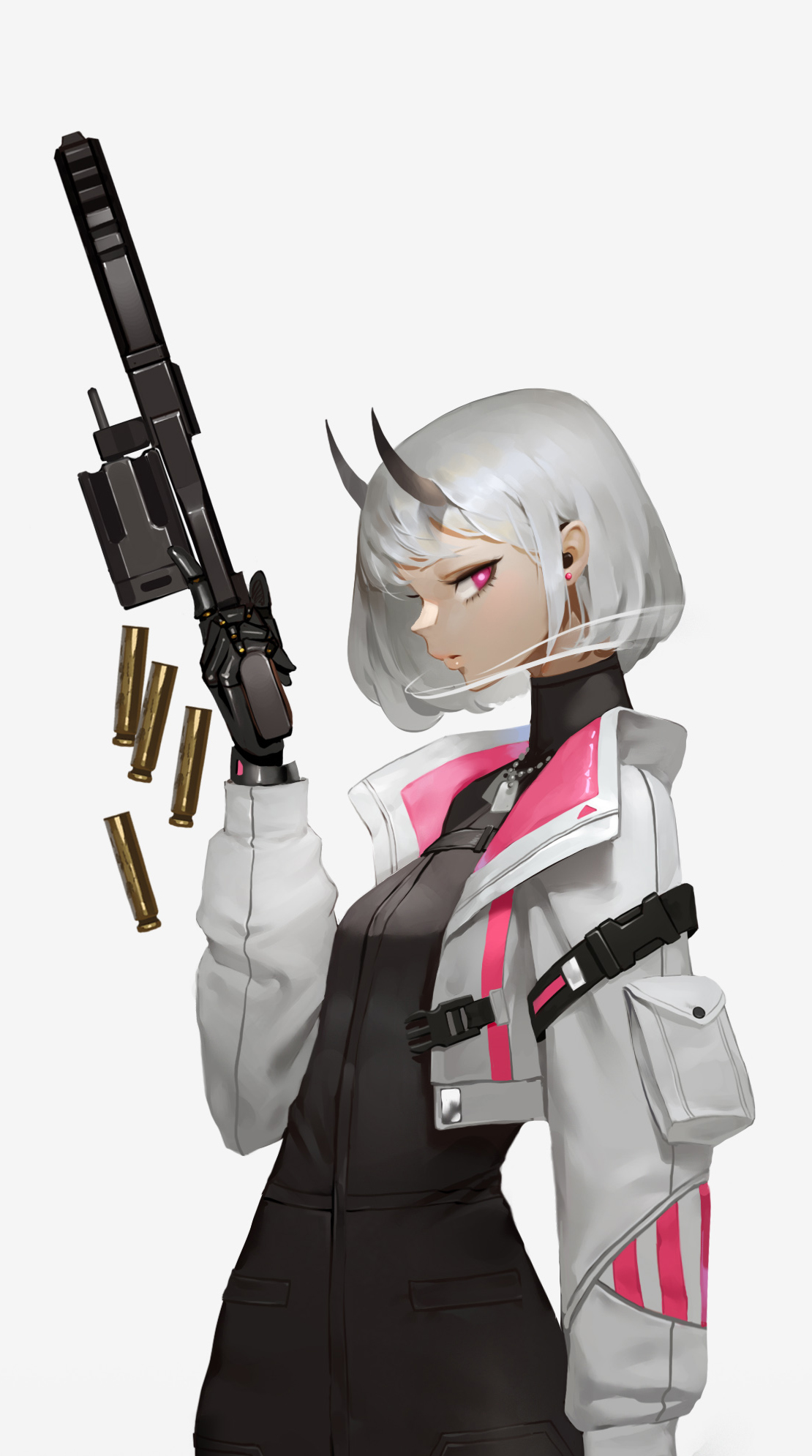 Anime Anime Girls Simple Background Original Characters Horns Gun Short Hair Midfinger Vertical 1110x1990